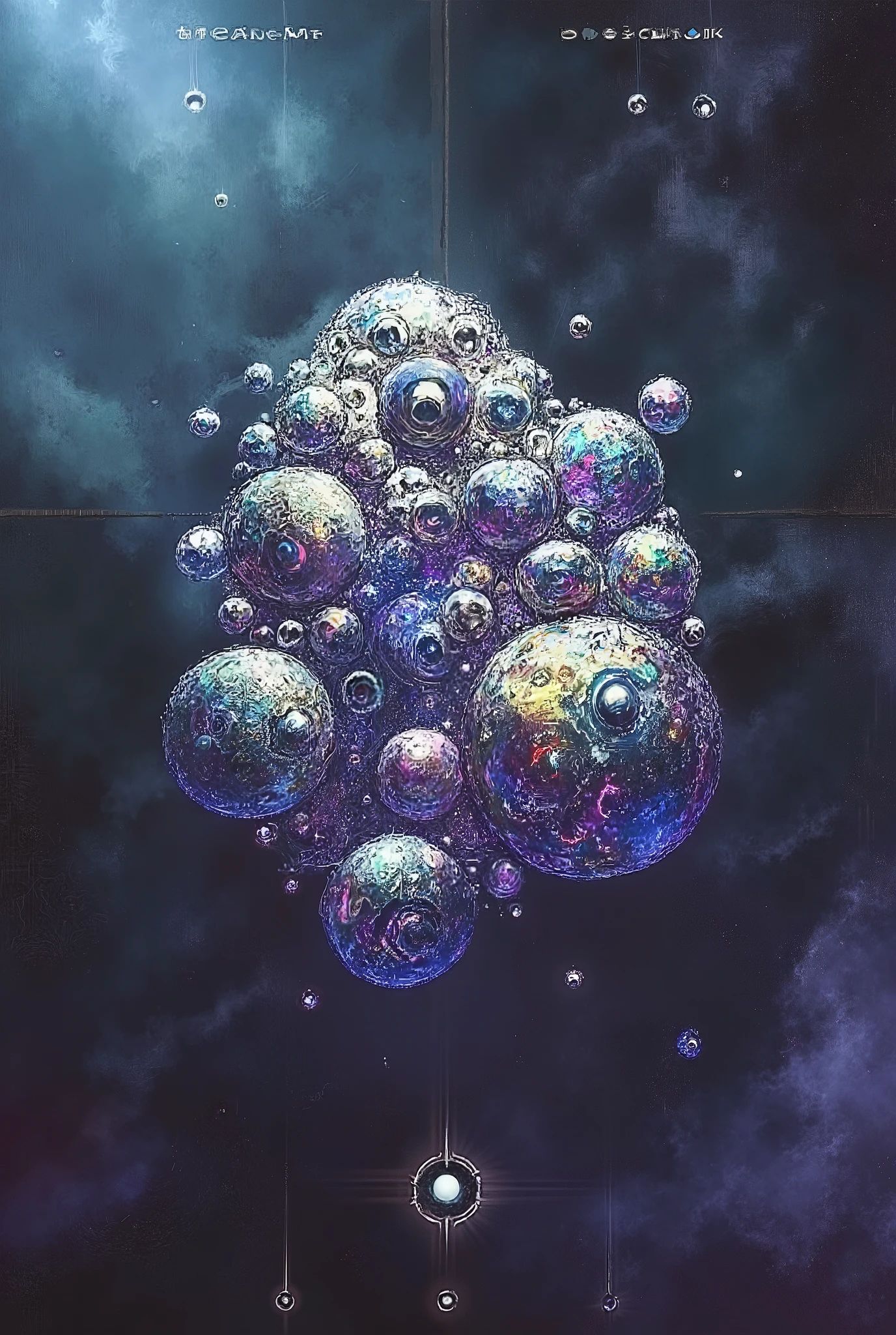 It creates an image of a cosmic being that emerges from a rupture of space that looks like a crack with a portal, , the being would be composed of iridescent spheres of very variable sizes, apparently endless, that are constantly creating and disappearing in a random way., accompanied by some eyes that spread through the amorphous mass, which seem to be staring intently at the person who sees the image. Being very amorphous because of the spheres that compose it and at the same time distort the reality around it,