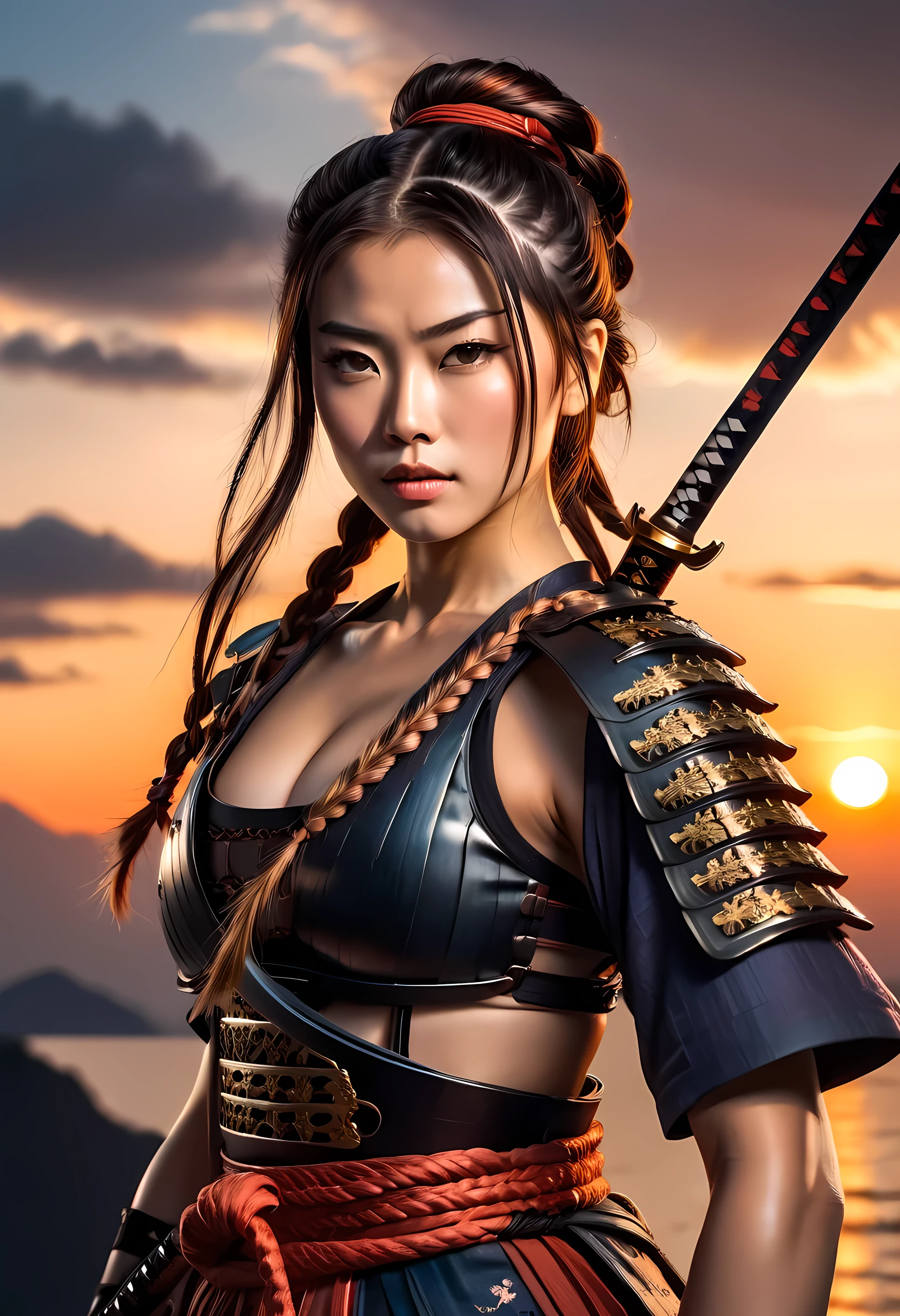 GEISHA- SEXY- LIFTED KIMONO- UPPER BODY- THICK THIGHS- TEMPLE- MEDIEVAL- SWORDS- WARRIOR- SEXY FACE- DETAILED HD- LOW FRAME - BEAUTIFUL- GATER BELT- DETAILED CORCELET- REAR- LOW ANGLE- SUNSET IN BACKGROUND- LACE DETAILED- BIRDS IN THE SKY- STRAIGHT BLACK HAIR WITH BANGS