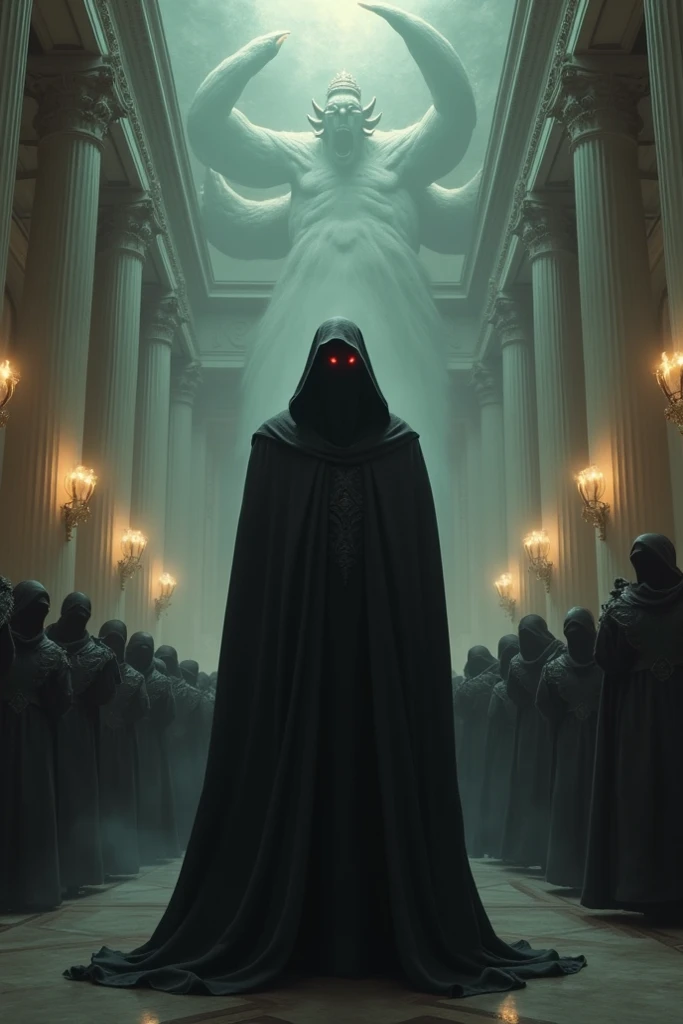 An elegant and dark figure in a modern palace, Subtle red eyes , crowds hailing him, but monstrous shadows emerging behind him, dystopian and cinematic style.”