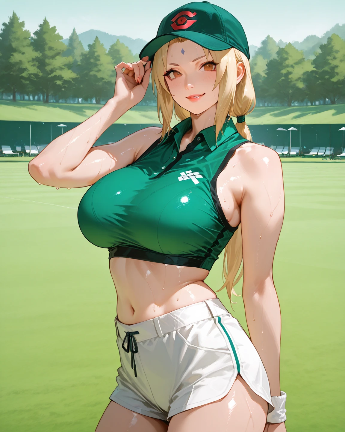 Best quality, perfect body, perfect face, perfect , perfect , perfect hands, perfect legs, giant , big , very curvy, green eyes, full lips, seductive, tennis sport uniform, very short skirt, very tight shirt,   under clothes, 2girls, hand on own , cleavage,  panties, wet thighs, SFW, non-, pigtails