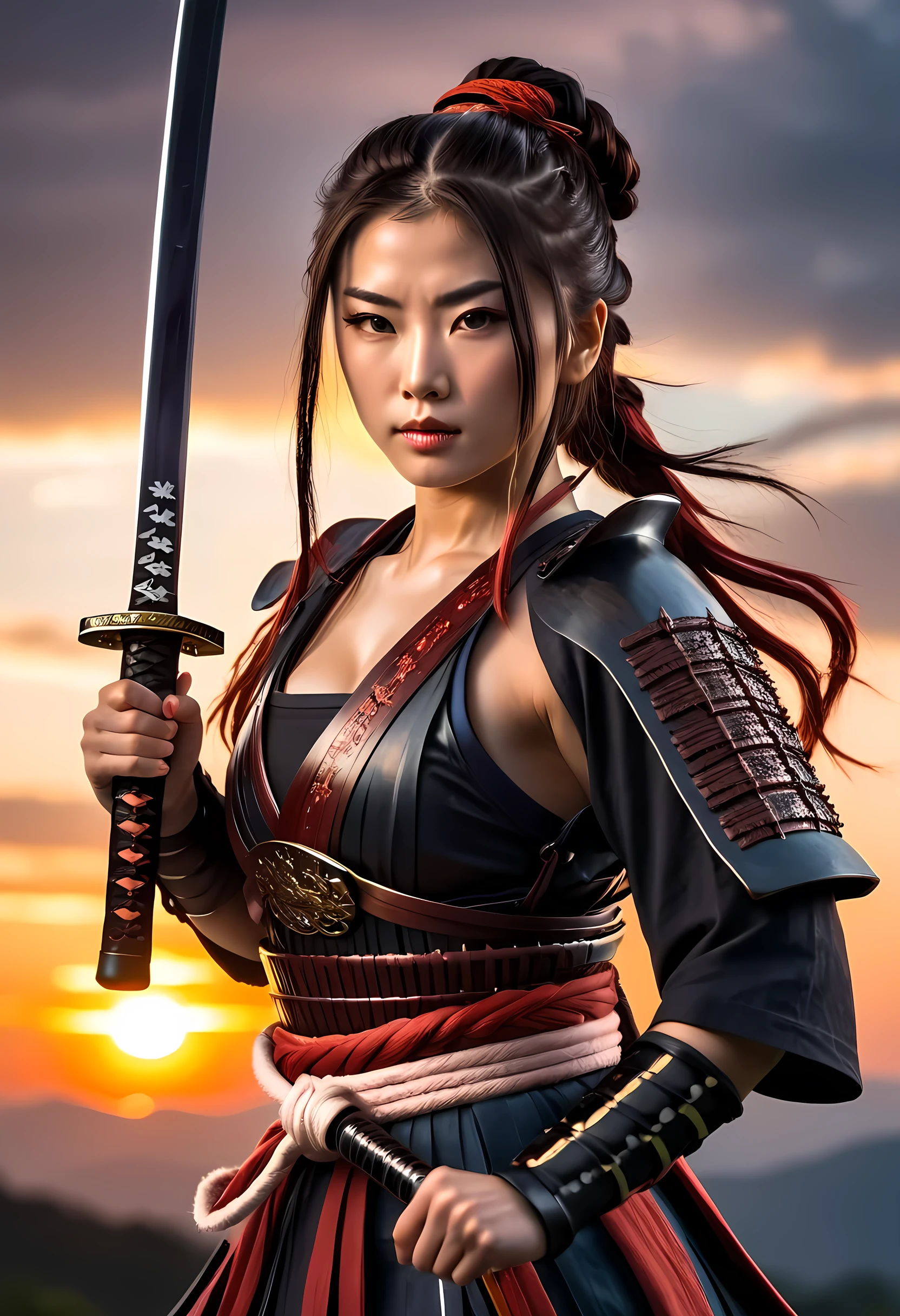 a woman samurai at sunset, beautiful woman samurai holding a katana, the katana reflects light, ultra feminine, long hair, braided hair, dynamic hair color, light reflection, it is sunset, some clouds, award winning, photorealism, depth of field, hyper realistic, Cinematic Shot, fantasy, LOAsuccXL, strapless, anime