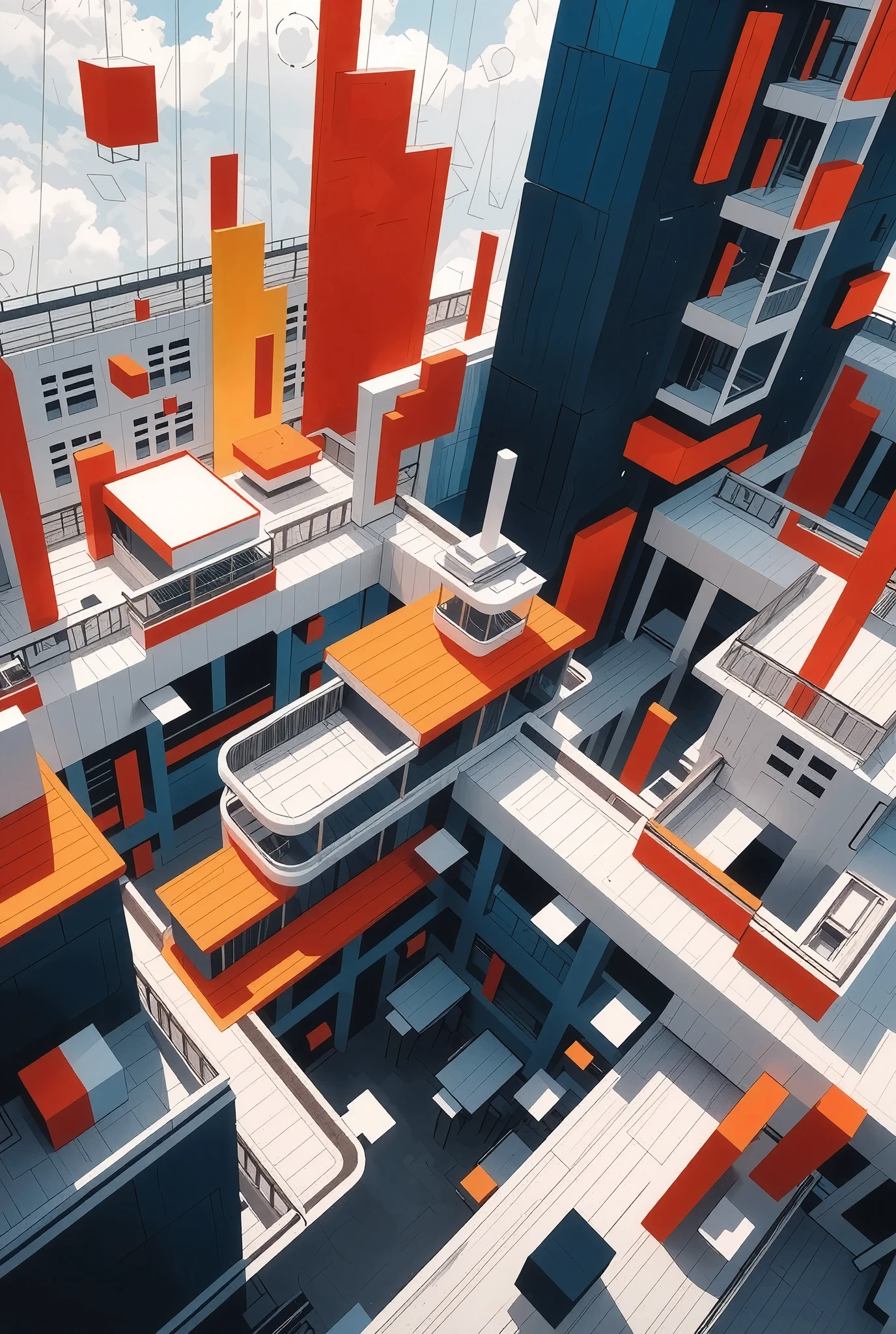 Bauhaus Style, General art architecture, from above, mass production of functional aesthetics, absurd innovation, paintings of modernist paintings integrating photographs, dynamic range, shocking vivid colors, vivid images questioning the true value of Bauhaus,