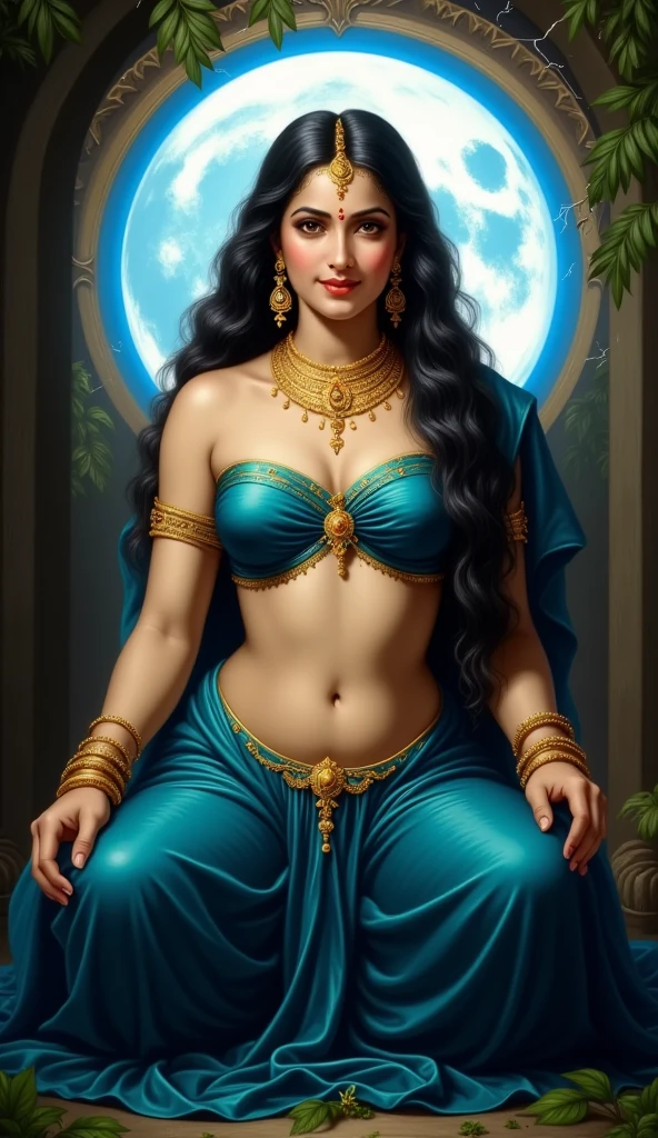 a naked woman sitting on a bed with a full moon in the background, indian god, sexy hot body, big open floor, 8k ”, sexy-s 100, painting of beautiful, massive arch, big puffy lips, pocahontas, inspired by Jitish Kallat
