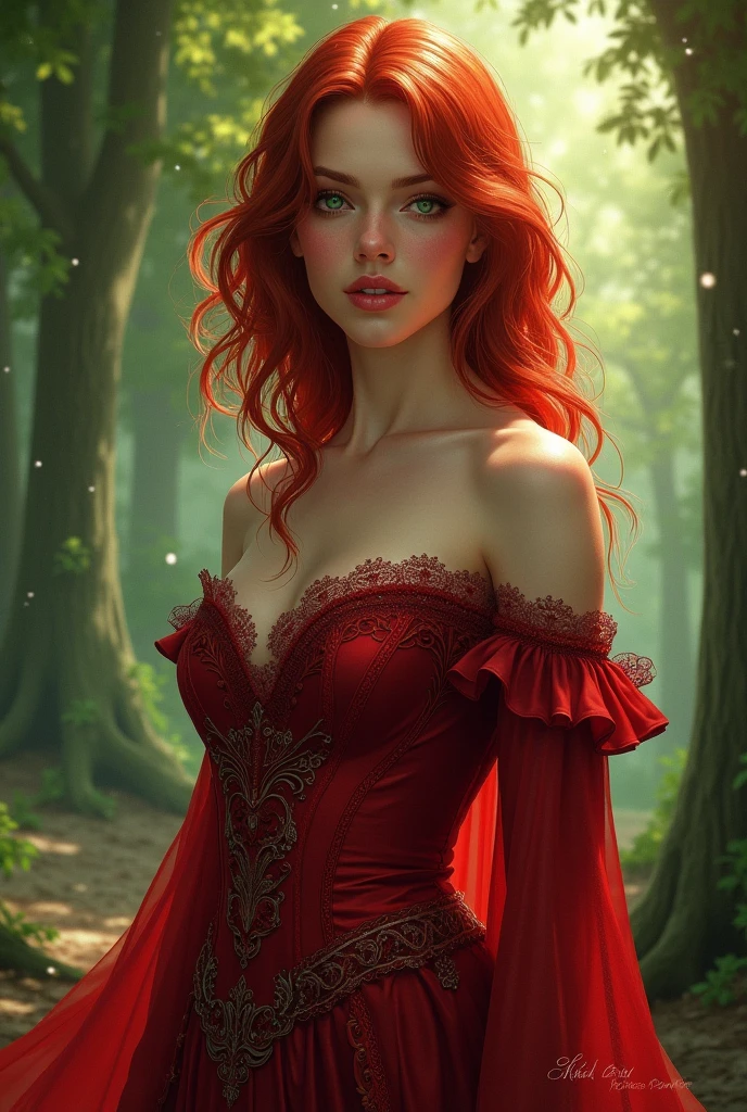 anime manga art of a beautiful girl, with long red hair and red clothes in the crimson style, with amber eyes crimson red color, walking through a dark forest sitting on a rock
