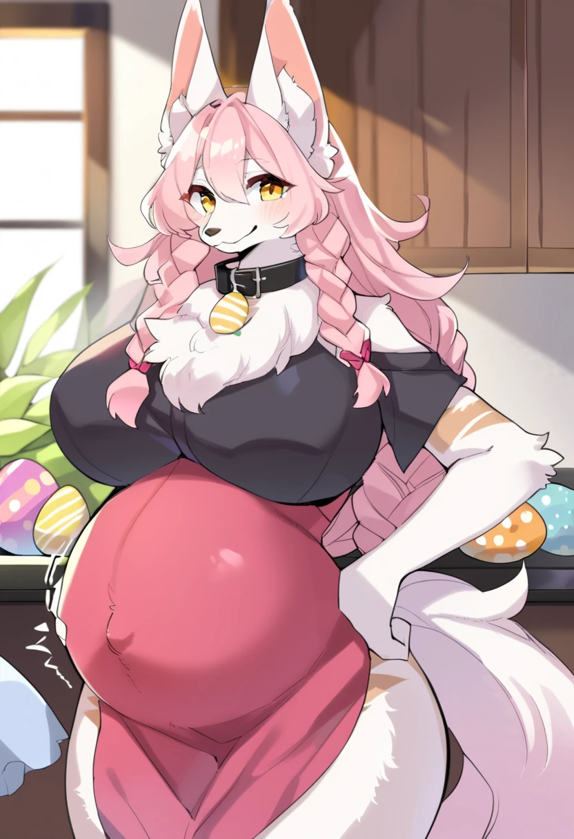 Fox Woman、body covered with fur、huge-breasted、kawaii、School swim wear、summer day、((High Position))、A big smile、bbw、thick thight、big butts、Ultramammy,Chibi,Nanachi