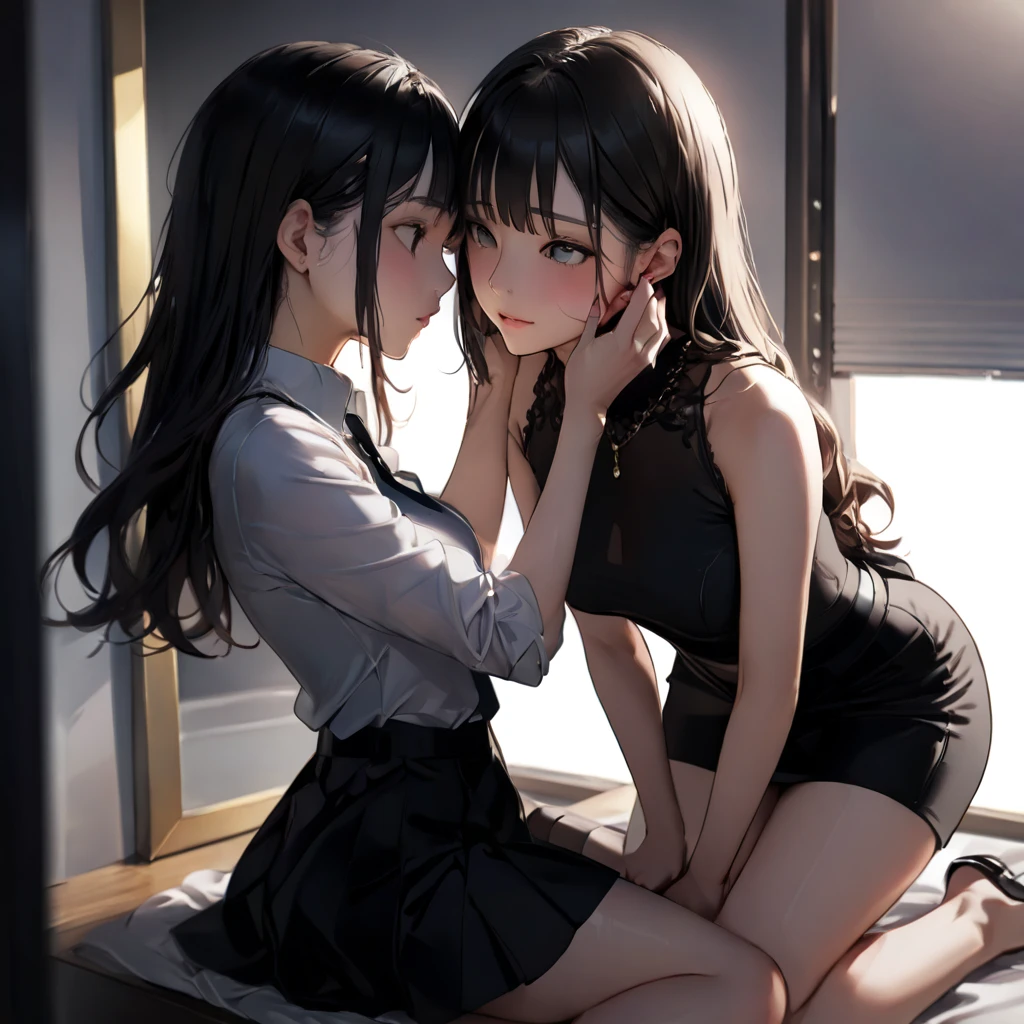 ((2 girls,)) 18 years of age, one pinned against a wall with her arms above her head,one lifting her skirt, panties showing, both looking deeply into each other eyes, seductive looking,