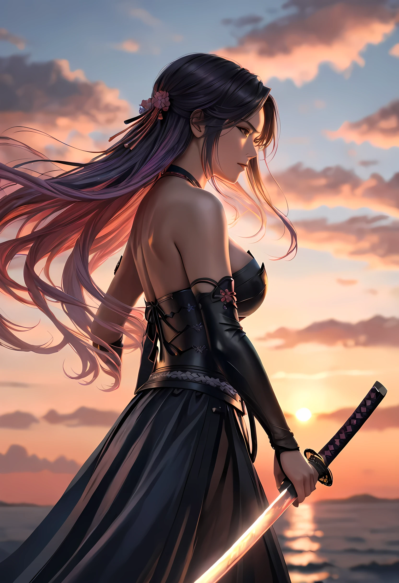 a woman samurai at sunset, beautiful woman samurai holding a katana, the katana reflects light, ultra feminine, long hair, braided hair, dynamic hair color, light reflection, it is sunset, some clouds, award winning, photorealism, depth of field, hyper realistic, Cinematic Shot, fantasy, LOAsuccXL, strapless, anime