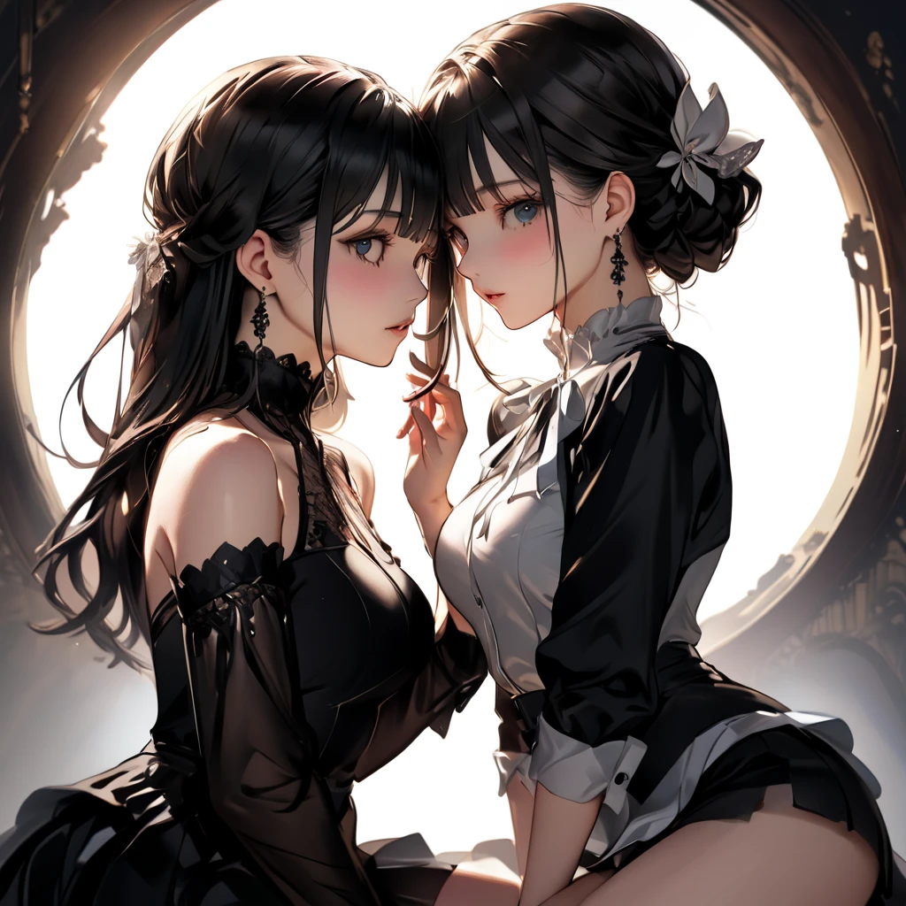 absurdres, RAW photo, extremely delicate and beautiful, masterpiece, Best Quality, ultra high resolution, 32k, hyperrealistic, ultra-detailed, Very detailed CG 8k wallpaper, Beautiful Lighting, Perfect Lightning, Realistic Shadows, perfect anatomy, super Detailed skin, perfect figure, Japanese woman, late 20s, very Slim body, narrow waist, very small head, handsome detailed woman, very detailed eyes and face, realistic face proportions, Stunning detailed eyes, Realistic beautiful face, very small face, Realistic small beautiful eyes, tearful mole, earring, beautiful and very thin legs, beautiful and very thin thighs, very huge round breasts, medium hair, black hair, whole body shot, (2girls:1.3), (yuri:1.2), (cheongsam:1.2),