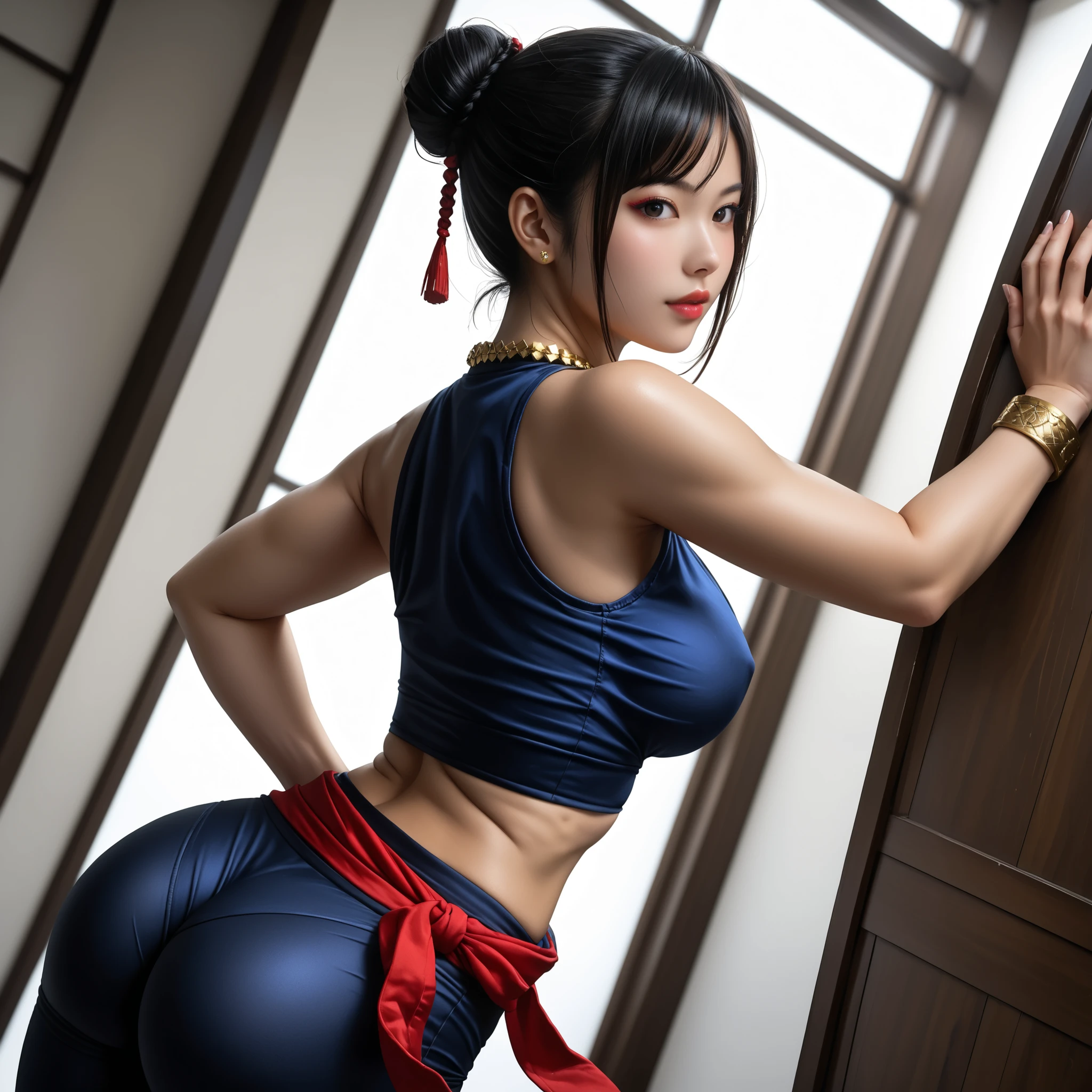 score_9, asian martial artist, beautiful asian woman, tan skin, black eyes, black hair in a high bun, left and right side highlights, dark blue sleeveless croptop, cleavage on the breasts, underboob showing, dark blue leggings, red sash with gold details tied on one side at the waist, dark blue bracelets on the right arm, blue circular necklace with gold pendant, posing sexy, back view, ass, dynamic pose, foreshortening, dynamic shot, modern museum, modern art paintings in walls, dynamic angle, absurd, high quality, detailed