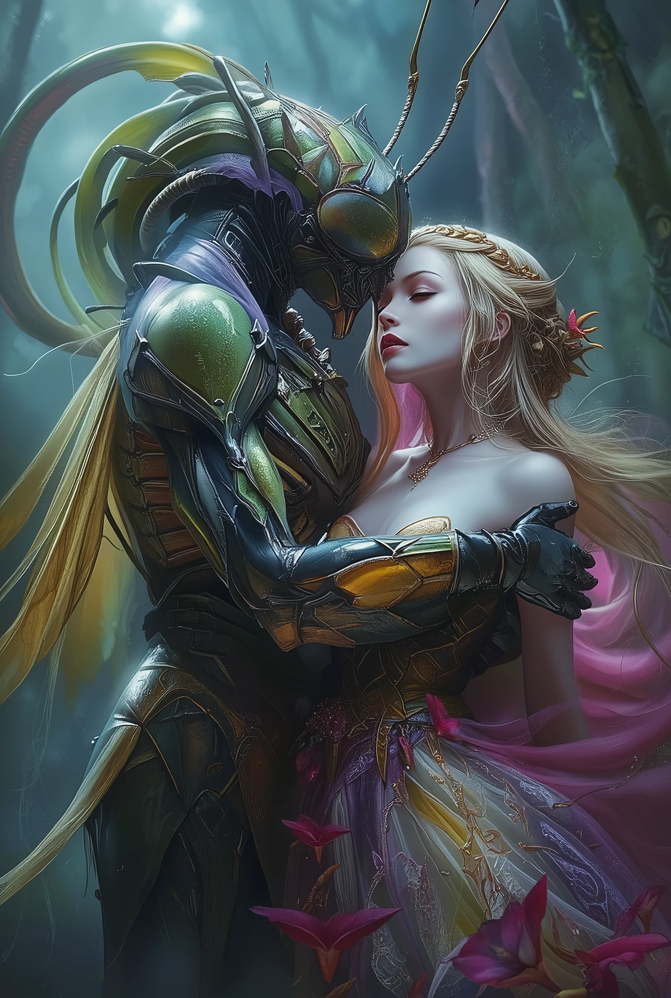 (Best Quality, 4K, high definition, masterpiece:1.2), (super detailed, photorealistic looking happy:1.37), photo taken by professional photographer, a beautiful, 1 extremely sensual prince of bugs, with 1 beautiful female flower spirit, kissing each other, detailed facial features, elegant posture, alluring expression, best quality, 4K, high resolution, photorealistic, HDR, UHD, studio lighting, vivid colors, fantasy scene, dark atmosphere, dramatic lighting, intricate details, macro photography, insect portrait, neon colored