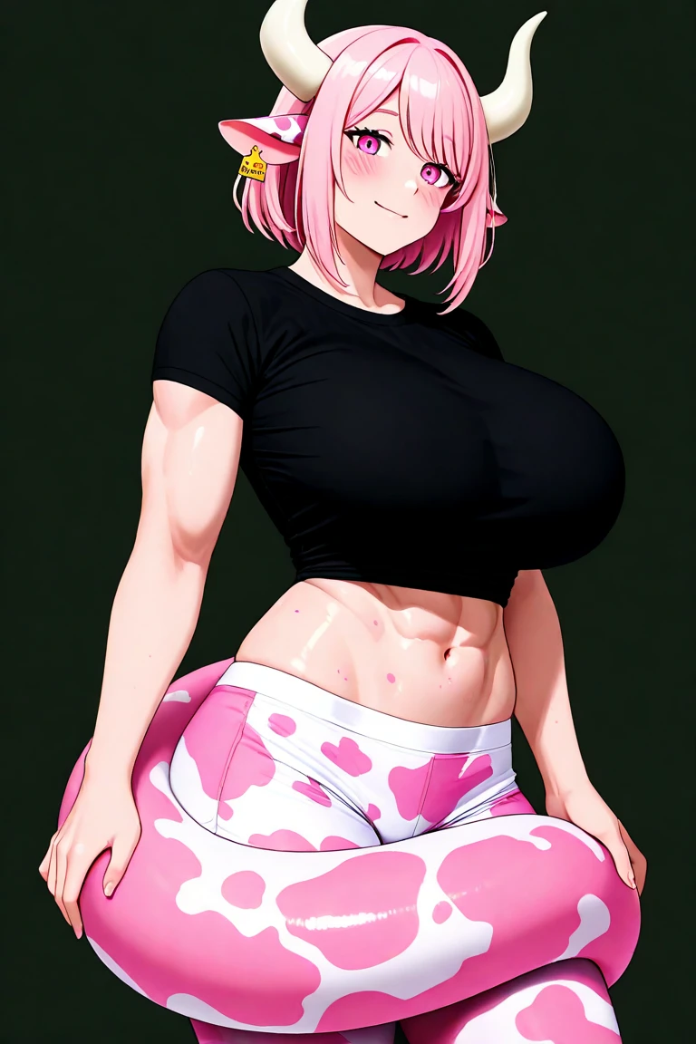A prettie sexy japanese student 1girl pink hair, thighs, muscle arms, ((tight black t-shirt:1.5)), gray background, prettie girl, bun hair, eyeliner, sexy girl, large breast, skinny hips, muscular thick arms, thighs, (solo, sexy), (bare legs), (muscular arms), (defined jawline), (sexy girl:1.3), faccing viwer, calves, standing full body, muscular calves, muscle arms, abs under t-shirt