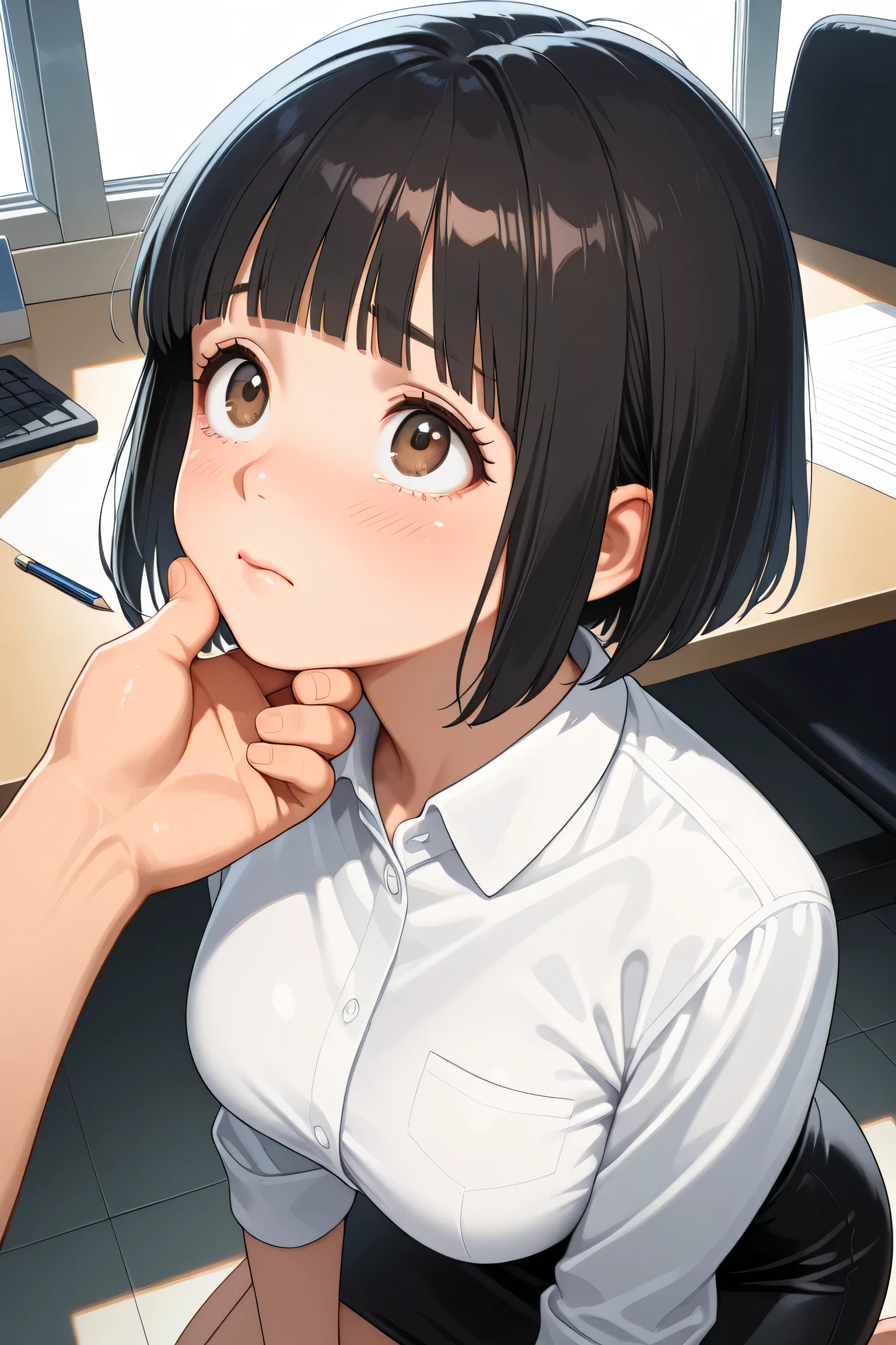 1girl, kneeling, looking up, pov hand grabbing another's chin, face, from side,
BREAK girl, 22yo, short hair, bob cut, ear, (blunt bangs), black hair, (tareme:1.2), detailed cute brown eyes, curled eyelashes, (large breasts:0.8),
beautiful eyes, beautiful face,
white collared shirt, black pencil skirt,
embarrassed, frown, tearful,
office room, daylight,
masterpiece, best quality, amazing quality, very aesthetic, absurdres, newest, (realistic:1.2), super detailed, extremely detailed, sharp focus, nsfw, explicit
