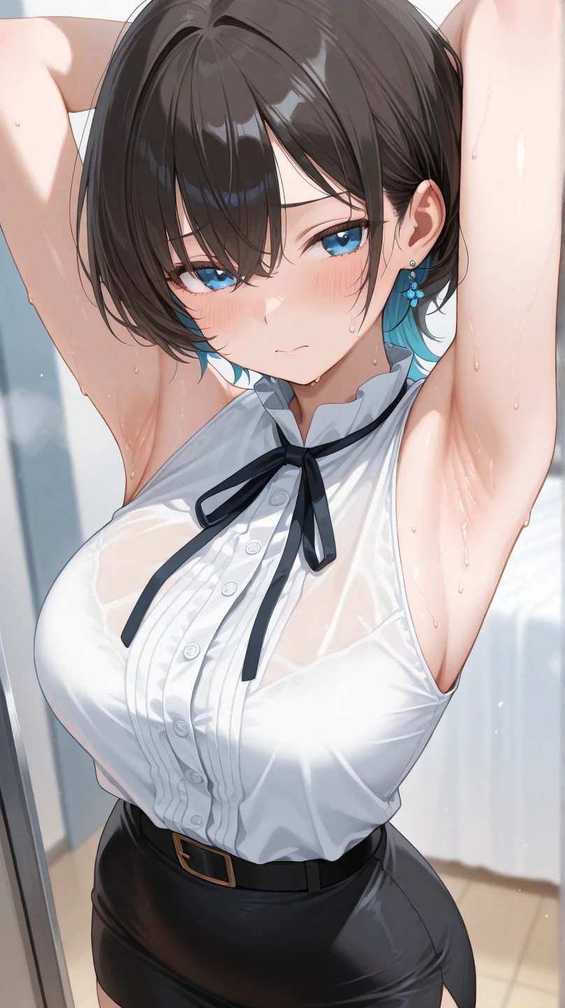 (1 person、solo), Beautiful woman, (High-definition and beautiful eyes)、(Anatomically perfect body), Slender、(White tennis wear、skirt), (sit), (legs to chest:1.1), (Look down:1.2), (extra detailed panty:1.1), (Pussy juice:1.2), 18-year-old、(Highest quality)、Black Hair, (half updo:1.1)、(8k, High resolution)、(shy:1.4)、Mid-chest, (steam:1.1), (embarrassed:1.3), Glossy lips、Erect nipples、In a dark warehouse