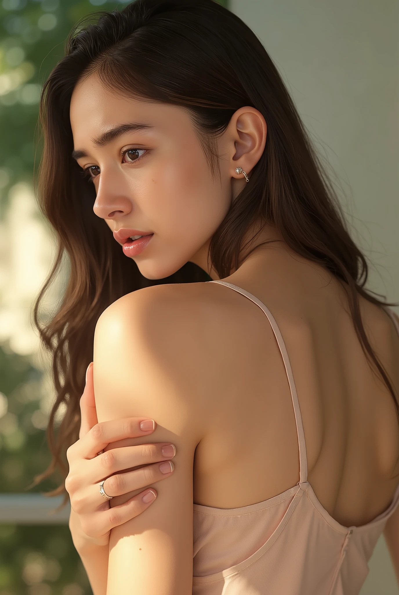 ((top quality)), (Details:1.2), 3d, An absurd resolution, high definition, (Masterpiece:1.2), ultra detail, a beautiful girl is worried about the smell of her armpits, lifts her arm and smells her armpit tail, (sniffing with her nose in her armpit:1.6), the texture of her moist skin, summer dress,