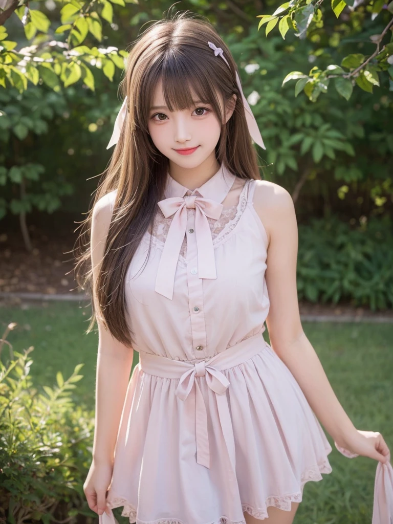 ((top quality, 8k, Masterpiece, photorealistic , 35mm lens, f/0.8, amazing cute perfect figure :1.4)), natural-light, ((flat chest :0.6)), (white Gothic dress :1.2),baby face:1.2,circlet on head, hair ribbon, (outside the castle background:1.2), Highly detailed face and skin texture:1.2, (Detailed dark green eyes:1.2), super detailed skin, double eyelid, shiny skin:1.2, Blushing, high-fidelity bangs, very brilliant light brown twin tail hair, sit, head tilt, looking at viewer,