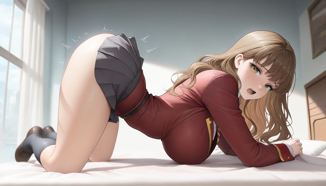 masterpiece, best quality, 1girl, solo, redhair, twintails, very long hair, yellow eyes, hair scrunchie, looking at viewer, lips, parted lips, cowboy shot, pantyhose, panty in puffy vagina, crop top turtleneck, ribbed sweater, (((cleavage))), (((cameltoe))), (((medium natural breasts))), (((only one naked breast))), (((spreading legs)))), (((anal:1.2))), (((insanely big penis))), (((anis penetrated by big cock:1.3)))