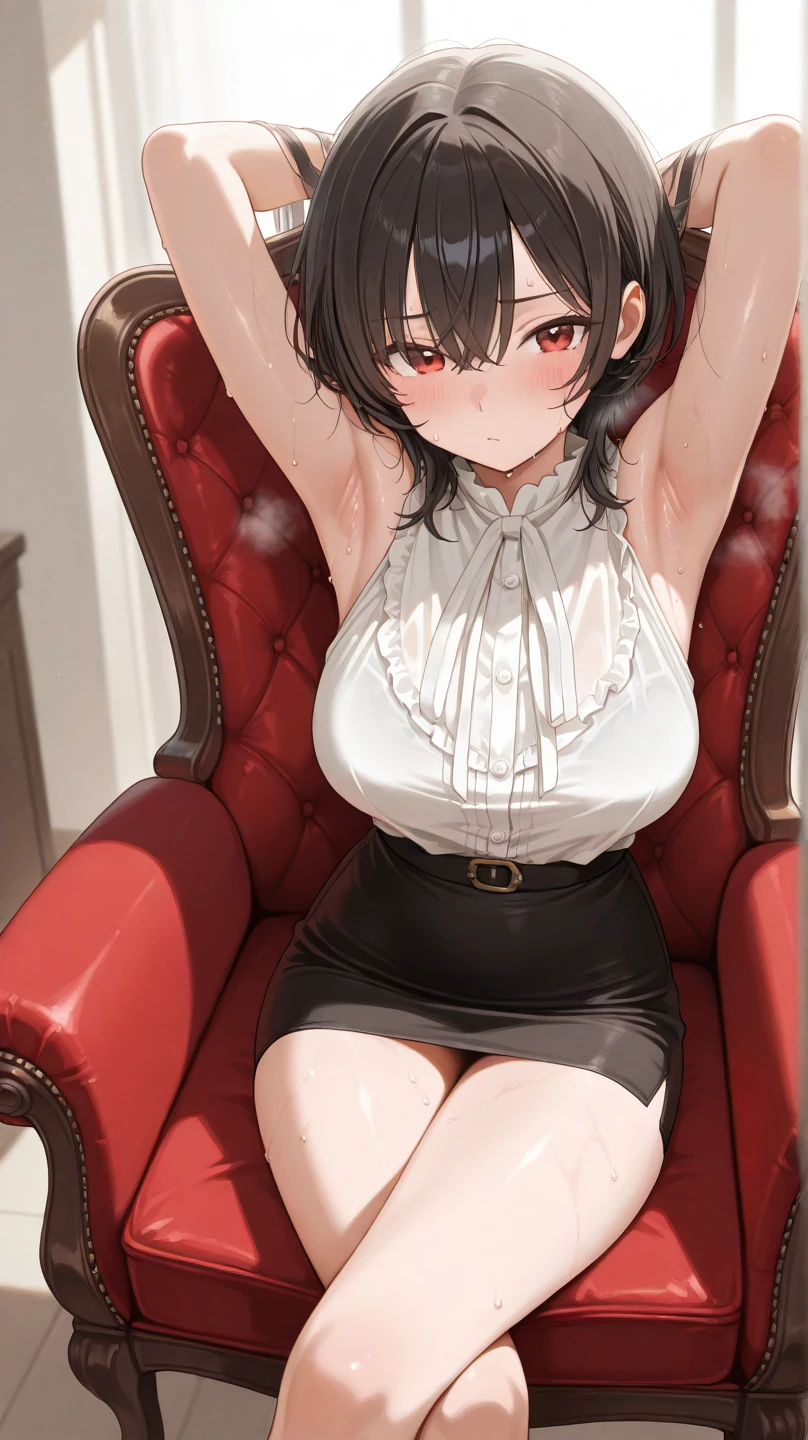 Young sexy woman wearing a red dress sitting on a chair, dim lighting, sexy, hot, lustful