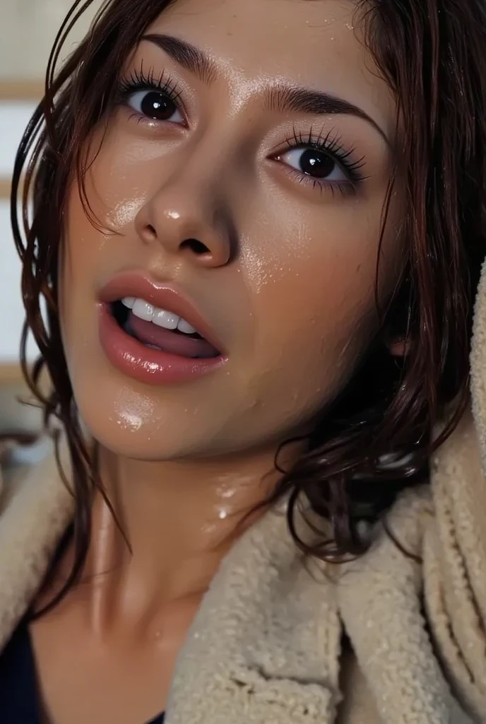Kruzadar woman bending over, taking off her clothes, pulling her bra down, big , dark hair, brown eyes, long hair, hyper realistic, 4k, masterpiece, beautiful, facing the viewer, headshot, white skin, cleavage, makeup, wet, cum,cuminmouth