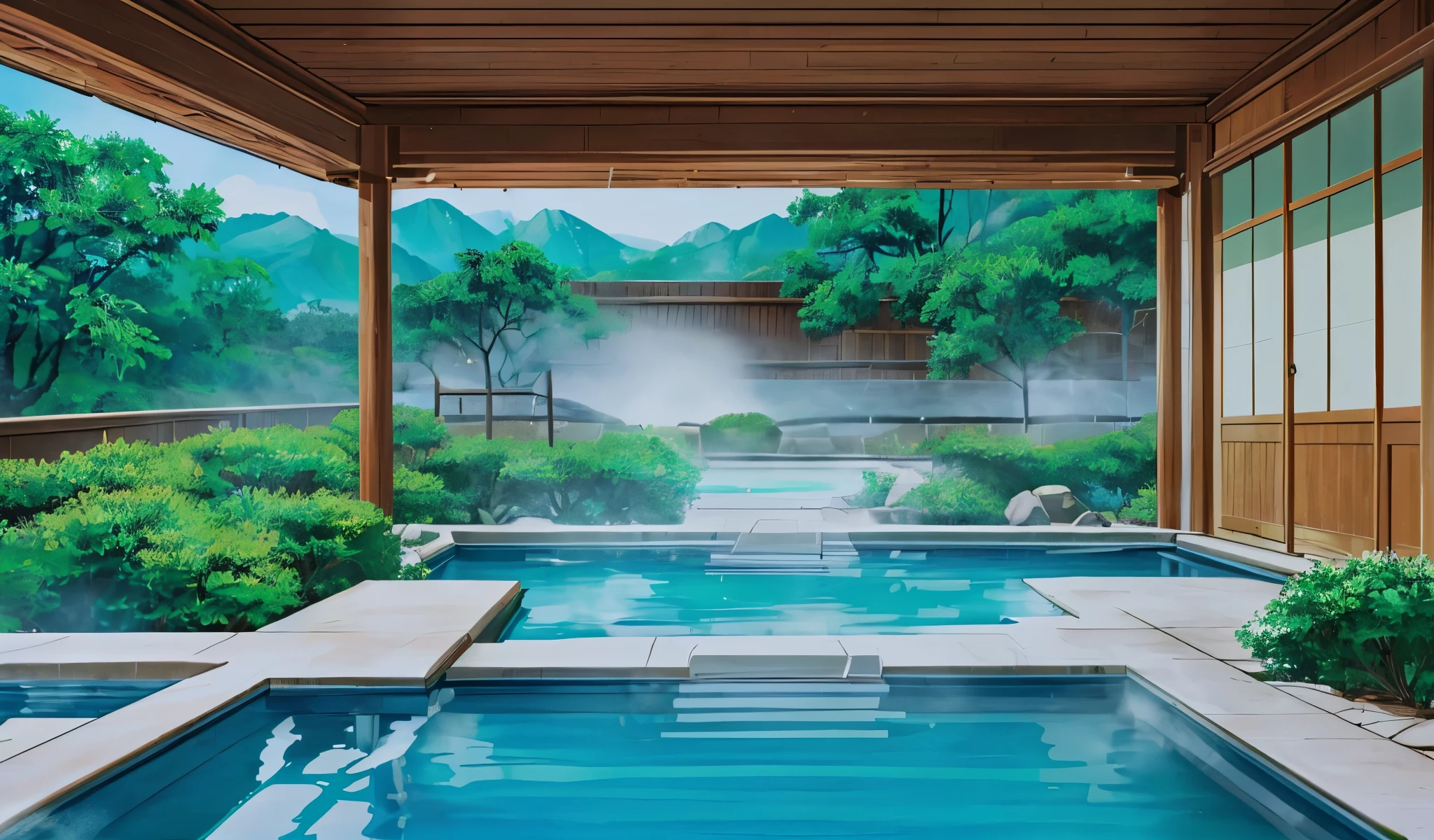 Drawn in 80’s anime art style.
Retro anime. Vintage Anime. Classical Anime.
Japanese Hotel Bath Area
5. Onsen / Bath Area
• Entrance: Split into male and female sides. You remove clothing and shower before entering the hot spring.
• Design: Wooden tubs or stone baths, mist rising into the air. The room is filled with steam, and water trickles continuously.
• Outdoor Option: Some ryokans have open-air baths surrounded by rocks, bamboo, and trees—ideal for snowy or rainy weather scenes.
• Vibe: Pure tranquility. It’s a setting for reflection, private conversations, or emotional pauses.