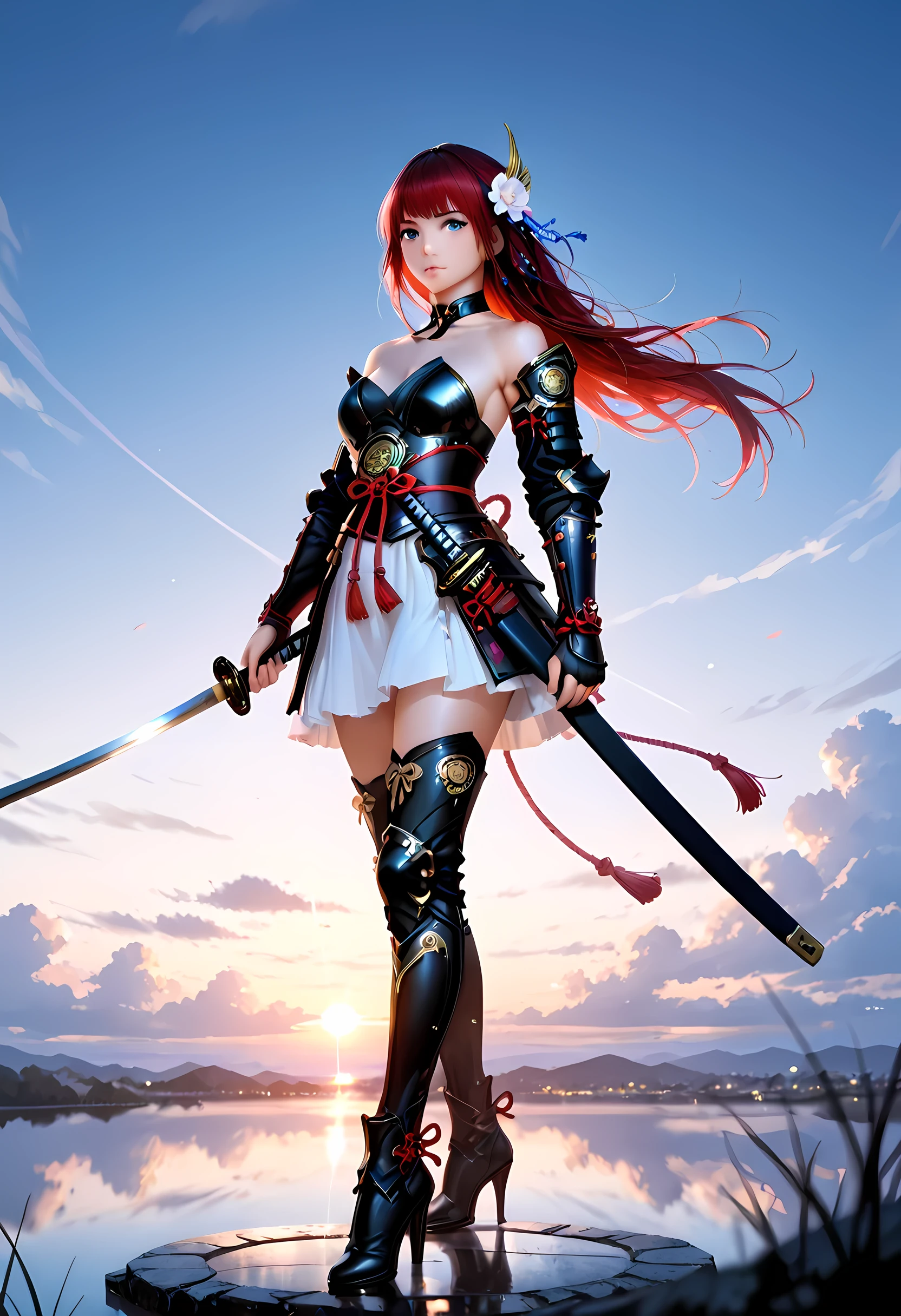 a full body action shot, award winning shot, woman samurai at sunset, beautiful woman samurai holding a katana, the katana reflects light, ultra feminine, long hair, braided hair, wearing elegant armor, high quality armor, wearing high heels boots, dynamic hair color, light reflection, it is sunset, some clouds, award winning, photorealism, depth of field, hyper realistic, Cinematic Shot, fantasy, LOAsuccXL, strapless, anime