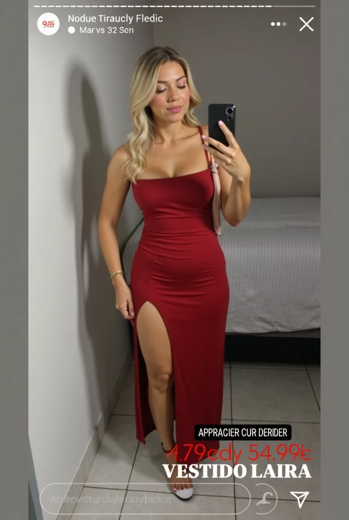 Araffe woman in a red dress posing for a photo, in einem roten Kleid, in einem roten Kleid, wears a red dress, Sexy rotes Kleid, rotes Kleid, ein rotes Sommerkleid tragen, rotes Tanktop tragen, Girl wearing a red dress, in einem roten Outfit, Sexy Kleid, enges Kleid, Sie kam in einem roten Kleid an, sexy Blick in die Kamera, Brown hair and dyed blonde, Double D bra size