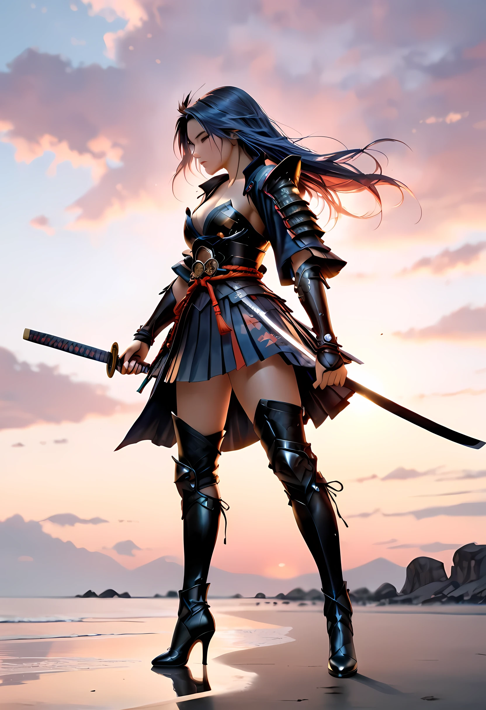 a full body action shot, award winning shot, woman samurai at sunset, beautiful woman samurai holding a katana, the katana reflects light, ultra feminine, long hair, braided hair, wearing elegant armor, high quality armor, wearing high heels boots, dynamic hair color, light reflection, it is sunset, some clouds, award winning, photorealism, depth of field, hyper realistic, Cinematic Shot, fantasy, LOAsuccXL, strapless, anime