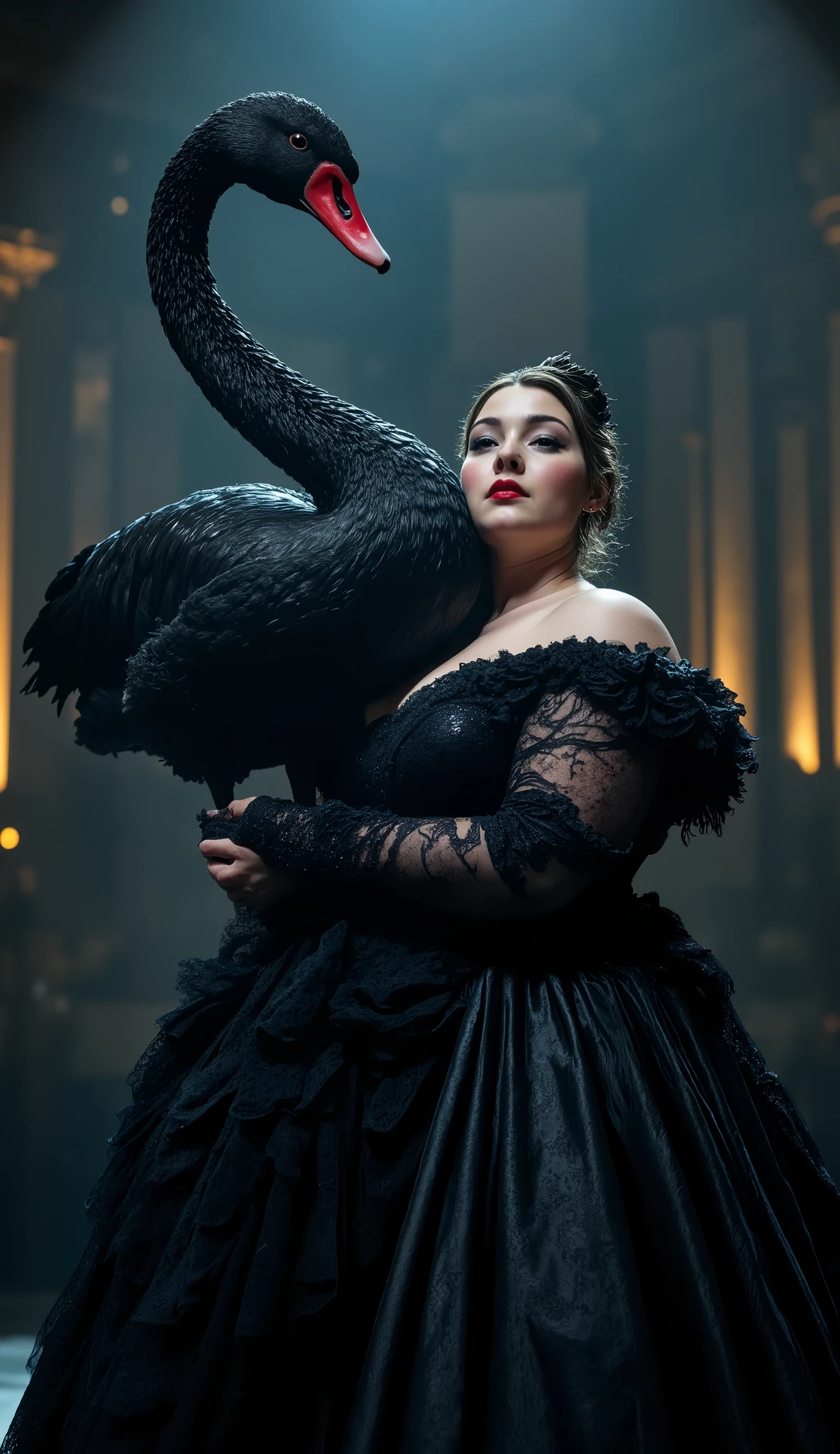 A 1500 kg British young woman As dramatic music echoes, she stands tall under a single spotlight in a black lace gown with velvet ruffles. A giant black swan perches silently on her arm. The AGT audience sits in eerie silence, hypnotized by this gothic fairytale unfolding live.