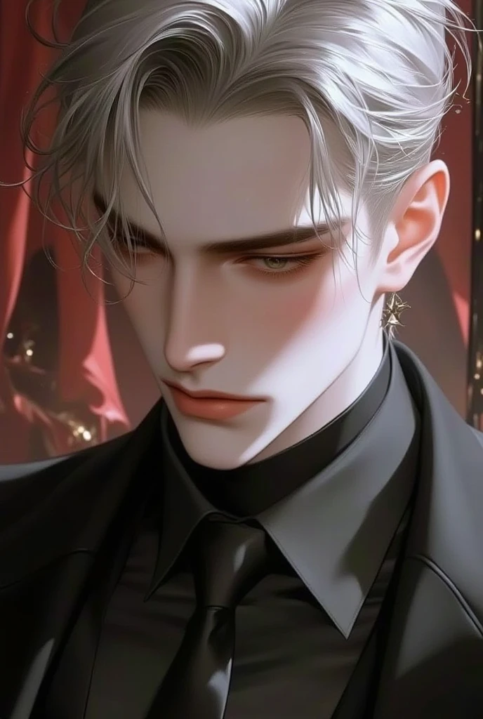 ((better quality)), ((Masterpiece)), (detailed), a portrait of a handsome young man with a perfectly balanced face and an athletic build. his facial features are well defined, with high cheekbones, a sharp jaw, and soft skin . Her eyes are a striking green., adding a captivating and intense look and a touch of mystery and depth, giving her confidence, intriguing expression The background is softly blurred, while keeping the focus on its distinctive features and giving the scene a warm atmosphere, Natural shine .  His body is thin and muscular , similar to a "slim bonbon" with visible 6-pack abs and toned muscles. His hair, a soft silver tone, falls on her shoulders in soft waves, with a slight sheen that frames her perfectly sculpted face, her eyes are beautiful red, full lips, adding a touch of otherworldly beauty.
