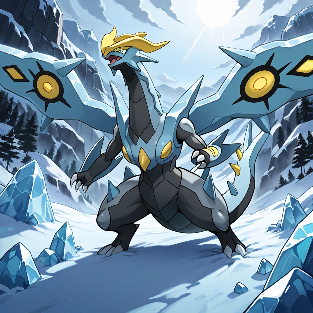 (Masterpiece, exquisite detail)Snowy cliffs in background, abstract art style, focus monster glaring at screen with yellow eyes, ice/poison type, oozing venom, legendary pokèmon