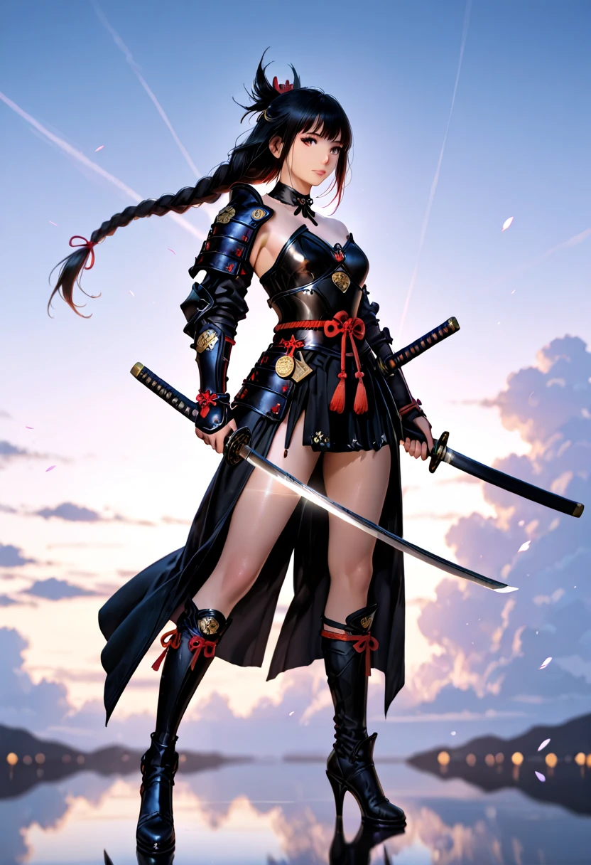 (Japanese women)、(Warrior Princess)、(Goddess of War)、(Black Hair)、(ponytail)、(Old Japanese Armor)、((Holding the Japan sword))、(True to prompts)、(Deluxe)、(Glaring with sharp eyes)、(unrealistic, Oversized breasts),(battlefield)、(grassland)、((A large number of soldiers))、(sunny)、(blue sky)、(Best lighting)、{{{Browsing Caution}}}、{{{masterpiece}}}, {{{Highest quality}}}, {{ultra-detailed}}, {{shape}}, {{{Very delicate and beautiful}}},{{extremely detailed CG}}、{{unity 8k portrait}}、{{Fabric Shading}}、{{super detailed skin}}、{{Perfect Anatomy}}、{{detailed}}、{{Dynamic Lighting}}、{{{beautiful detailed eyes}}}、{{{beautiful detailed Face}}}、(Perfect Legs)、(Perfect breasts)、(Perfect pose)、(Perfect body)