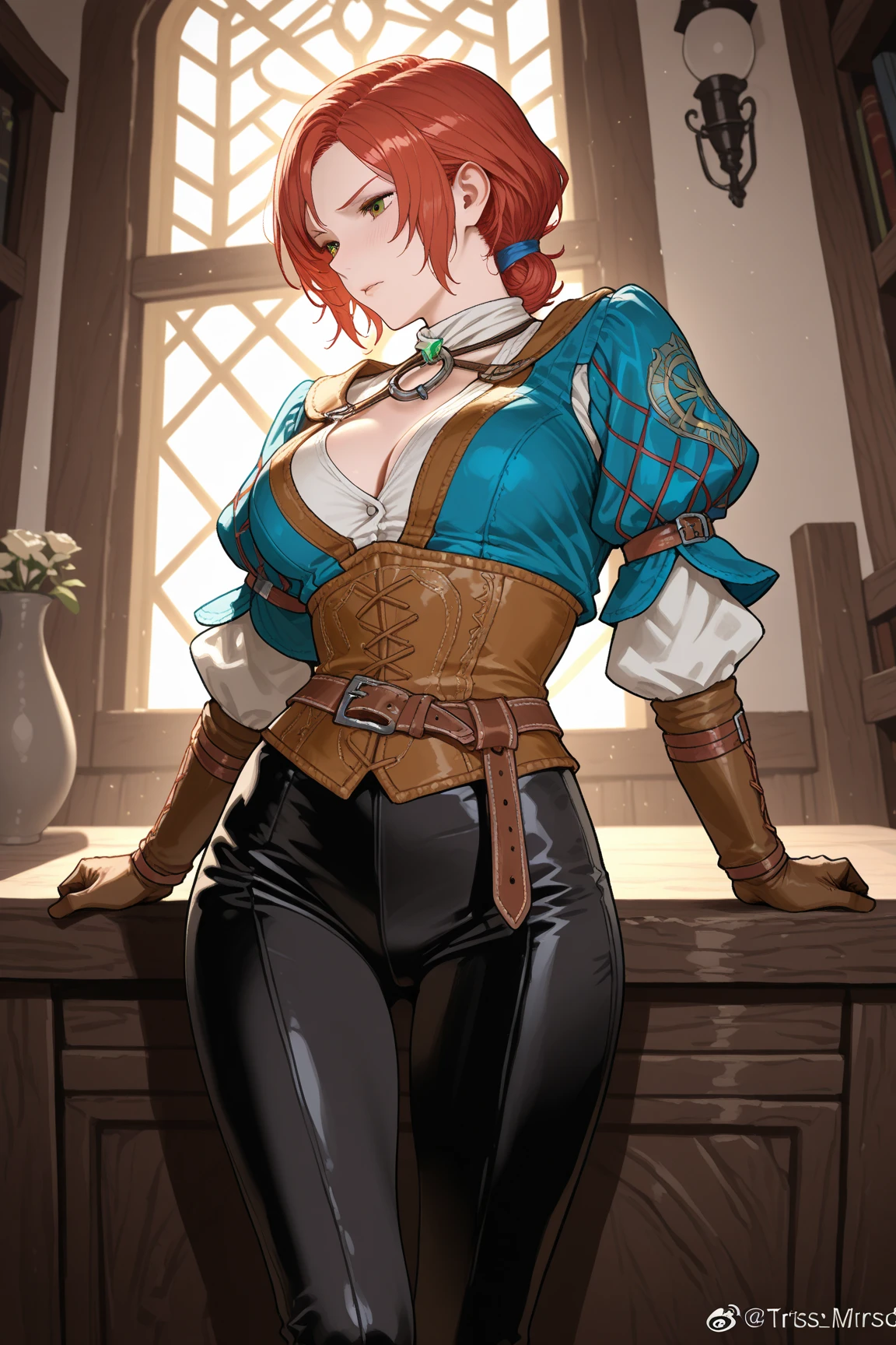 Cute Farmgirl with Braids. ((red haired woman, milf woman, hair stuck, ponytail hair, pointy ears, elf ear)), Perfectly round face. Beautiful cute face, Big beautiful voluptuous lips, charming beauty, ((gentle expression on your face)), ((Beautiful Big, blue detailed eyes)), Waist slender, Broad Hips ((adventurous outfit, black blouse, leather pants, waist long)) (highy detailed)),offcial art, Award-winning digital painting, digital illustration, extreme detail, 4K, ultra HD, Rococo, polished, Intricate, realistic fantasy art, sharp focus, conceptual artwork, arte por WLOP, artgerm, (2D vector illustration) Light, airy, hourglass figure. ellie bamber