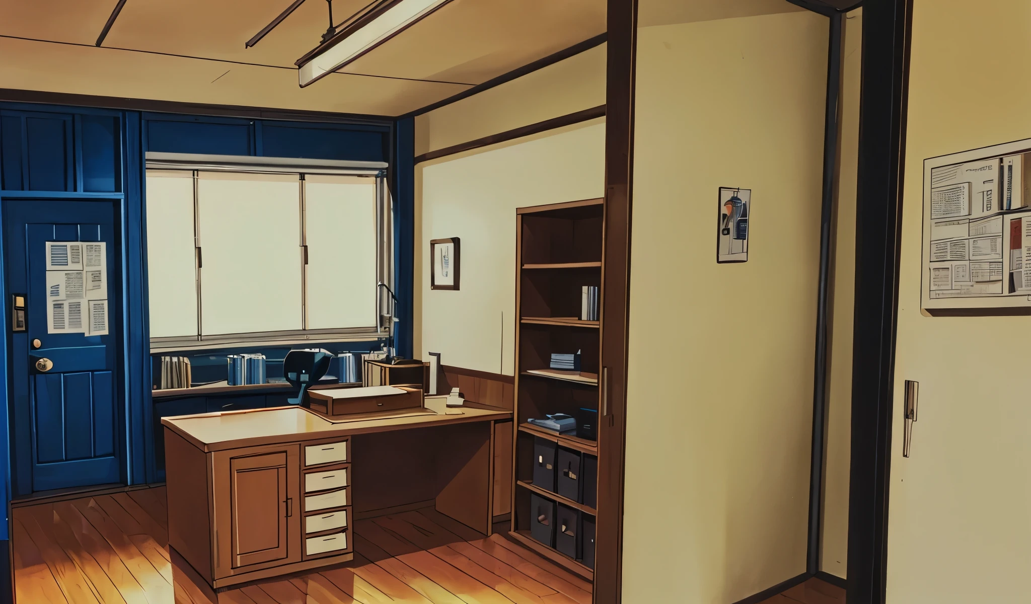 Drawn in 80’s anime art style.
Retro anime. Vintage Anime. Classical Anime.
Japanese Police Station Private Detective Office
5. Detective’s Private Office
• Location: Tucked into a corner, often with frosted glass labeled “Detective Division” or “Chief Inspector.”
• Interior:
• Wooden or metal desk buried in case files and empty coffee cups.
• Coat rack with a long beige trench coat.
• Filing cabinets with locked drawers and evidence photos spilling out.
• A wall with mugshots, red yarn connections, or newspaper clippings.
• Atmosphere:
• Dimly lit, blinds partially open with city lights filtering in.
• A desk lamp is the only source of light at night.
• This is where real thinking happens—quiet, haunted, and lonely.