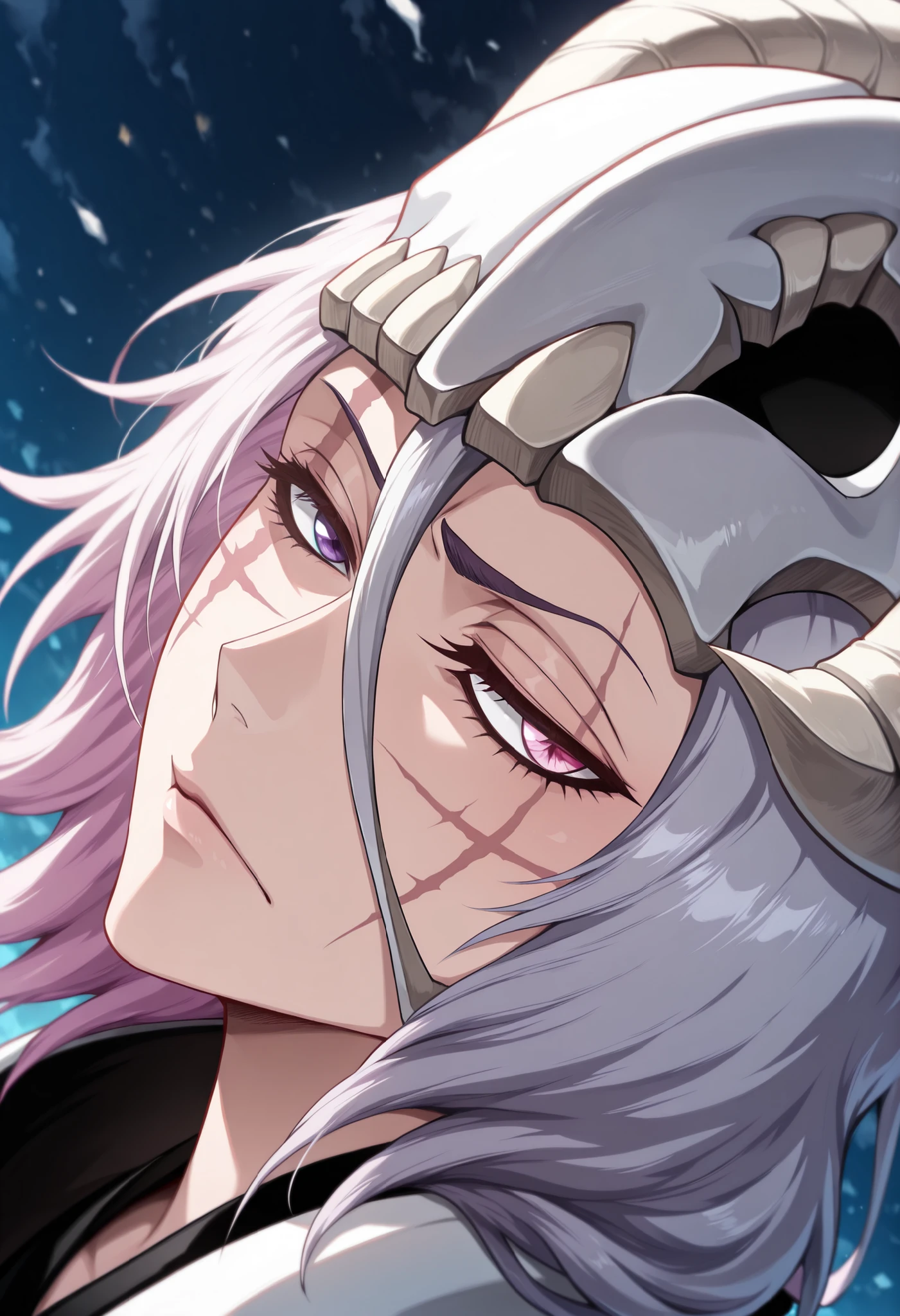 masterpiece,best quality,amazing quality,highres,absurdres,very_awa, upper body, only face, face shot, (((portrait))), close up on face, face portrait, masterpiece, best quality, newest, absurdres, highres, detailed eyes, beautiful, detailed background, beautiful woman, mature,(masterpiece, best quality:1.2), amazing quality, very aesthetic, 32k, absurdres, newest, (masterpiece, best quality:1.2), amazing quality, very aesthetic, 32k, absurdres, newest, (((arrancar))), (((bleach))), 1girl, solo, mature female, half-closed eyes, skull_on_head, medium hair, huge horns, white horns, mature female, dutch angle, (morning:0.8), blurry background, glowing light particles, depth of field, raised eyebrown, raised eyebrow, looking for side, silver hair, (((heterochromia))), (((right pink eye))), (((left purple eye))), scar mark on left eye, calm eyes, semi closed eyes, blank expression, half-closed eyes, narrowed eyes, serious eyes, cold gaze, dead eyes, stoic expression, no smile