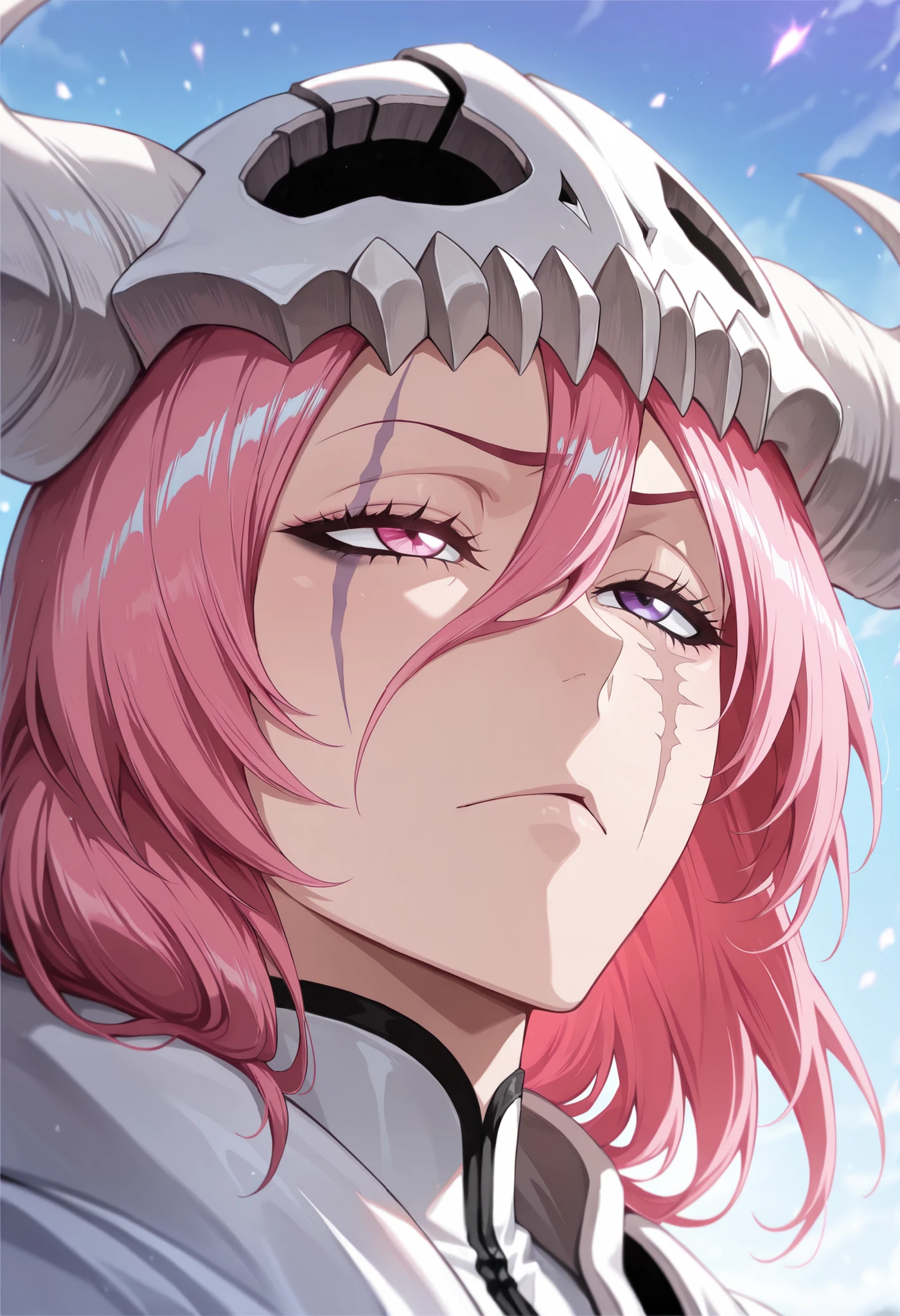 masterpiece,best quality,amazing quality,highres,absurdres,very_awa, upper body, only face, face shot, (((portrait))), close up on face, face portrait, masterpiece, best quality, newest, absurdres, highres, detailed eyes, beautiful, detailed background, beautiful woman, mature,(masterpiece, best quality:1.2), amazing quality, very aesthetic, 32k, absurdres, newest, (masterpiece, best quality:1.2), amazing quality, very aesthetic, 32k, absurdres, newest, (((arrancar))), (((bleach))), 1girl, solo, mature female, half-closed eyes, skull_on_head, medium hair, huge horns, white horns, mature female, dutch angle, (morning:0.8), blurry background, glowing light particles, depth of field, raised eyebrown, raised eyebrow, looking for side, silver hair, (((heterochromia))), (((right pink eye))), (((left purple eye))), scar mark on left eye, calm eyes, semi closed eyes, blank expression, half-closed eyes, narrowed eyes, serious eyes, cold gaze, dead eyes, stoic expression, no smile