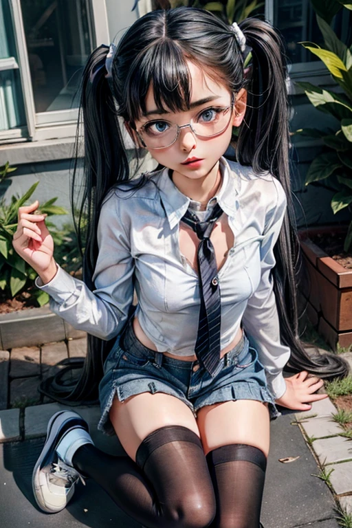 White shirt isolated on white background、Ribbon Ties、blue skirts、Wear folded white socks、Wearing round-rimmed glasses,Japan Woman,Large breasts,Lie down with a faint smile,White bed,Isolated on bright white background、perfect anatomia,spread your legs,Show me the panties