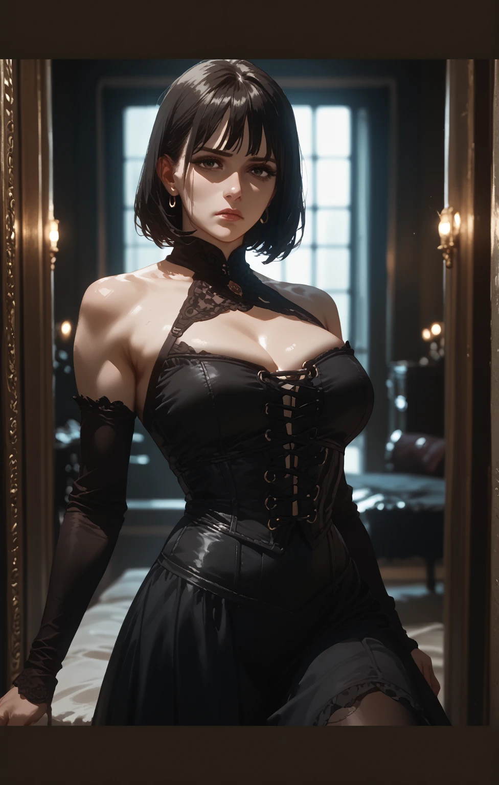 Realistic Details, Realistic Shadows, Realistic Body, Realistic Skin, Realistic Hair, Realistic Eyes, Realistic Lips. Modern Details, Low Light, Skinny Body, White Skin, Black Hair, Golden Eyes, Red Lips. Sit Chair, Elegant Outfit.