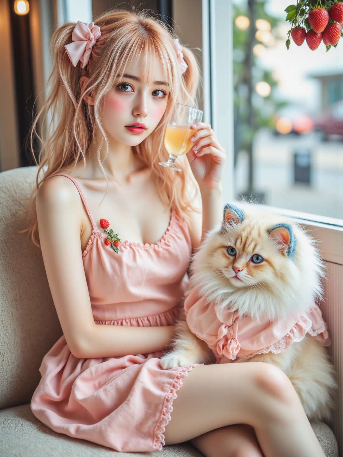 a beautiful girl with pink hair and blue eyes, holding a black cat, detailed face and eyes, digital art, cel-shaded art style, vibrant colors, glowing light, soft lighting, highly detailed, 8k, photorealistic, cinematic, masterpiece