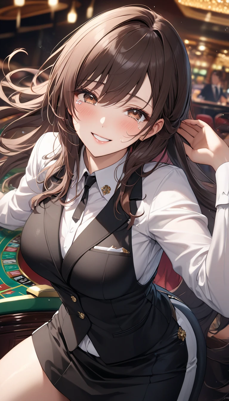 (highres,realistic) A girl dealer with stunning eyes and lips, wearing a sleek dealer uniform, stands confidently in a bustling casino. The scene is bathed in the warm glow of overhead lights, highlighting the vibrant colors of the room. The girl's miniskirt flutters gracefully as she leans against a poker table, revealing her poise and elegance. Her beautiful eyes sparkle with intelligence and her lips curve into a captivating smile. In her hand, she holds a deck of poker cards, expertly fanned out in a display of skill and dexterity. The cards reflect the intricate details of their design, further emphasizing the girl's expertise as a dealer. The atmosphere is filled with the sounds of shuffling cards and the laughter of patrons, adding to the excitement and energy of the casino.