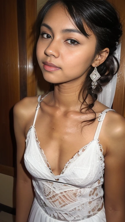 (1girl), ponytail, Extremely cute face, Amazing face and eyes, (Highly detailed eyes, Highly detailed face), fresh, Very clean appearance, (Hyper-realistic, hight resolution), (Best Quality:1.4), (hyper quality), Authentic skin texture, Raw photo, (Realistic, Photorealsitic:1.37), highly detailed, Professional Photography, (beautiful lace bridal dress:1.5), (lace bridal dress with open front), (cleavage:1.2), (Bare shoulders), Smile slightly, (Staring at me), luxury living room, girl portrait, small breasts