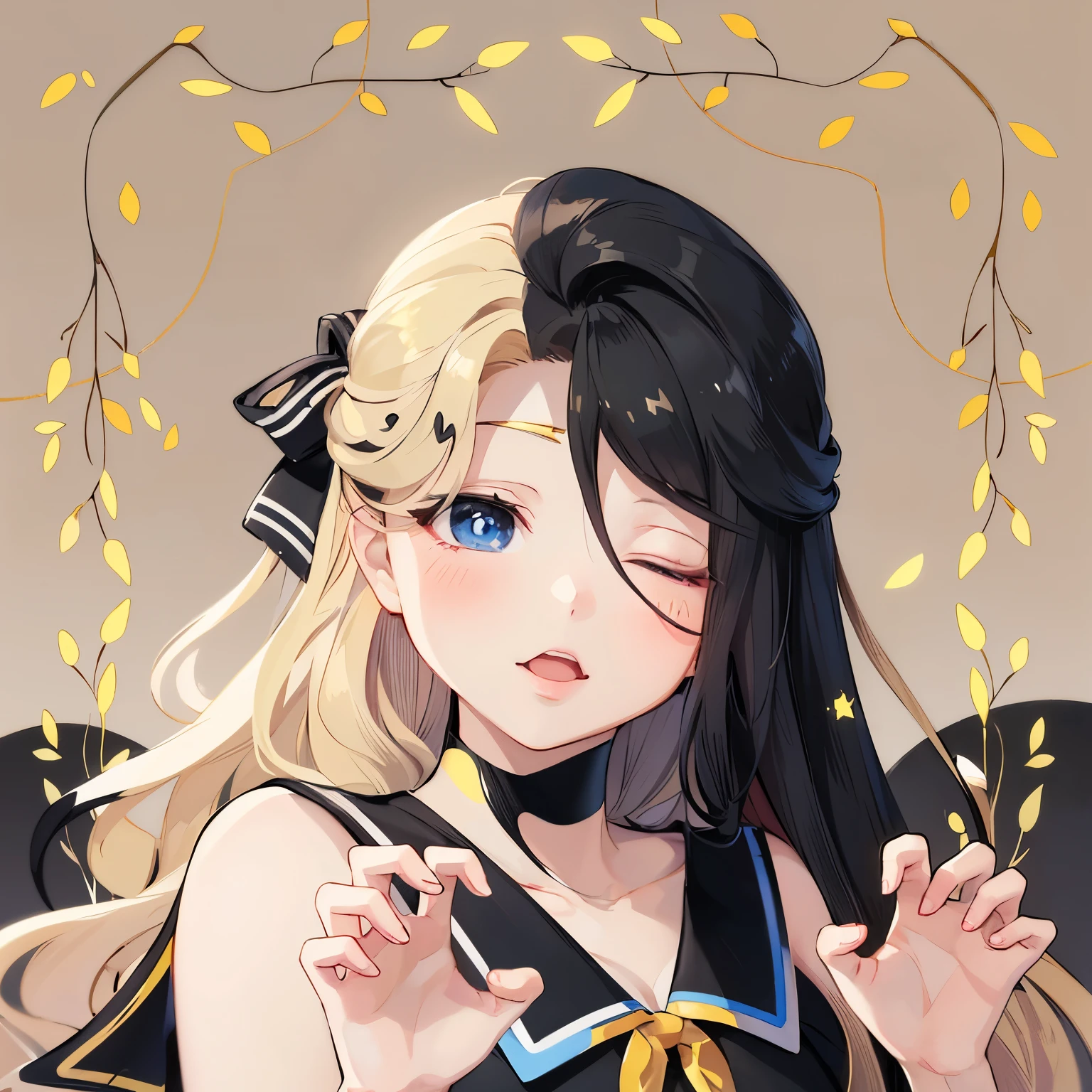 Character with half blonde and black hair moves hands with clawing motion, background of leaves and soft colors vibrating slowly, half-closed, anime style with bright and cheerful lighting, sailor moon Suit With a black shirt collar, half blonde and black hair, hair black Ribbon with white stripe, cute girl