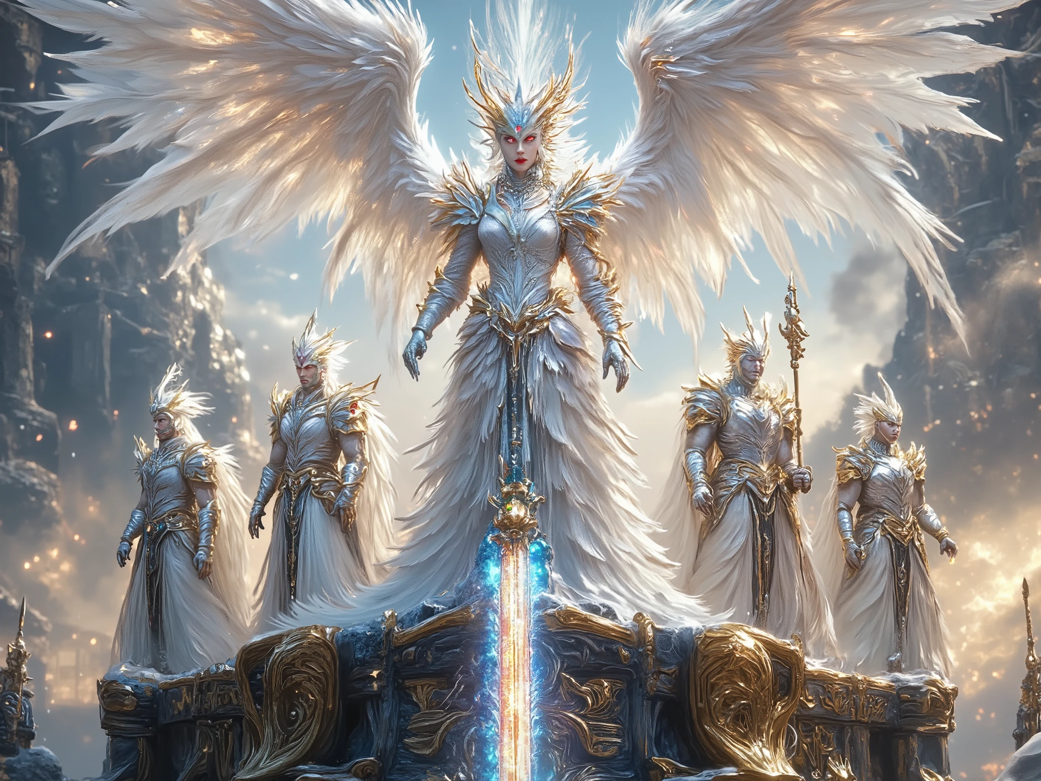 Score_9, Score_8_up, Score_7_up, Score_6_up, Score_5_up, Score_4_up, Source_anime, Tag1, Tag2, Quality_masterpiece, Ultra realistic 16K, Anatomically correct, A demigod queen stands atop the grand altar of the world's most powerful kingdom, radiating divine power. She wears a **pure white sacred gown** adorned with sparkling pearls and deep blue sapphires, the fabric flowing like liquid light. Her **golden crown** radiates the queen's magical power, with embedded rubies, symbolizing her divine authority. Long, lustrous hair flows down her back, shimmering with golden highlights as if touched by sunlight.
- Large feathered angel wings spread gracefully behind her, glowing with a soft golden aura.
- A slender, intricately patterned magic staff is held gracefully in her right hand, its tip pulsing with arcane energy.
- Four loyal guards flank her—two on each side—dressed in **white robes with intricate black and gold patterns**, their faces solemn, armed with ceremonial spears or swords.
The altar is carved from celestial marble, engraved with ancient runes, hovering slightly above the earth. The sky is a divine blend of golden dusk and dawn, with soft rays of light illuminating the scene. A highly detailed, 8K resolution, hyperrealistic, and cinematic divine atmosphere. "The altar cracked with energy shining beneath its feet, symbolizing its power."