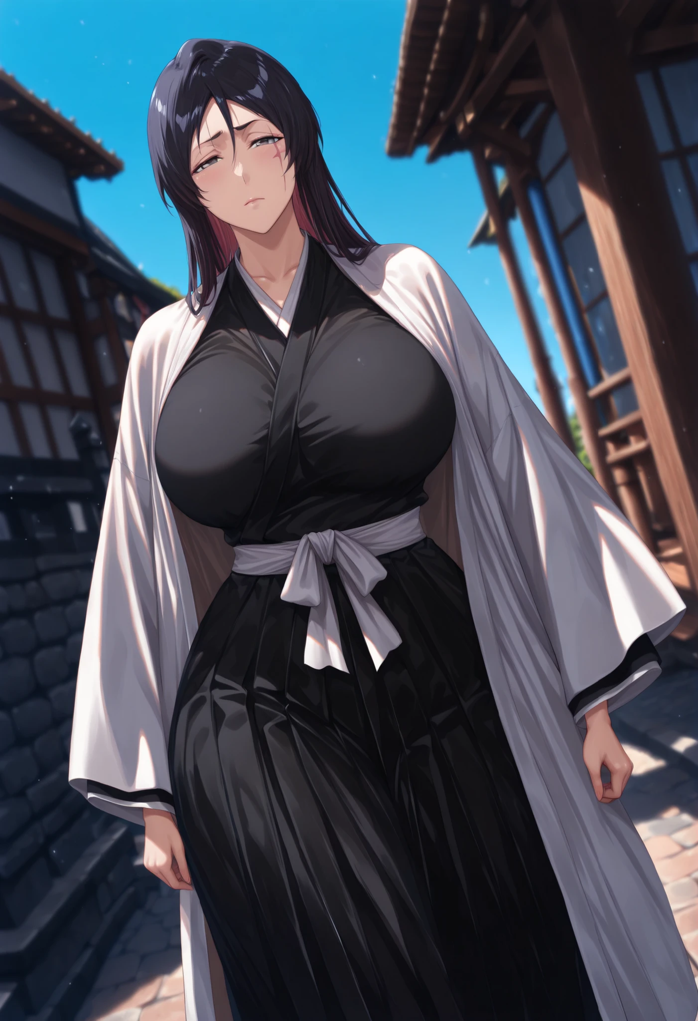 masterpiece,best quality,amazing quality,highres,absurdres,very_awa, cowboy shot, masterpiece, best quality, newest, absurdres, highres, detailed eyes, beautiful, detailed background, beautiful woman, mature,(masterpiece, best quality:1.2), amazing quality, very aesthetic, 32k, absurdres, newest, (masterpiece, best quality:1.2), amazing quality, very aesthetic, 32k, absurdres, newest, (((bleach))), 1girl, solo, mature female, half-closed eyes, long hair, mature female, dutch angle, (morning:0.8), blurry background, glowing light particles, depth of field, raised eyebrown, raised eyebrow, black hair, silver eyes, scar mark on left eye, (((shihakushō))), (((haori))), tabi socks, geta, stone courtyard, Soul Society, calm expression, wide hips, dutch angle, calm eyes, blank expression, half-closed eyes, narrowed eyes, serious eyes, cold gaze, dead eyes, stoic expression, no smile, huge breasts, large breasts, thick thighs, oversized haori, milf, mommy, (straight hair:1.2), (smooth hair:1.1), hiragana, ...shihakushō, (haori draped over shoulders), haori worn like a cape, not fully worn, captain-style, over shihakushō, billowing haori, (haori draped over shoulders:1.2), front view, wide shot