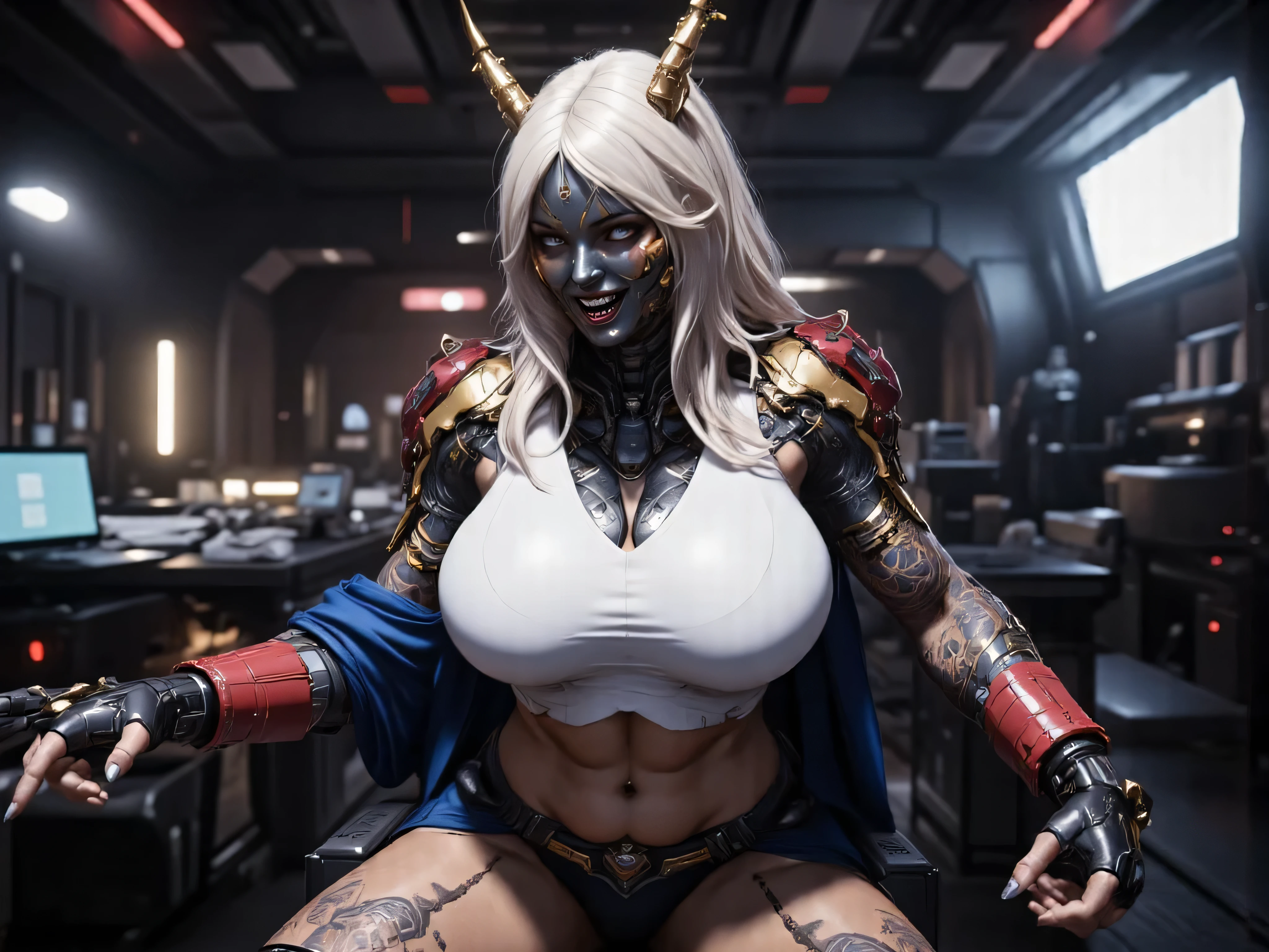 ((best quality)), (Masterpeace, high quality, high resolution, realistic photo, photography, detailed), 1 japanese porn star women stormtrooper fighter gangster , age from 30 to 36 years old, porn star Xo Gisele horny cyber succubus, 8k_wallpaper, extremely detailed eyes, (large masterpiece digital art), (intricate details:1.3 ), (ultra-detailed:1.3), (sharp focus:1.3), (natural lighting:1.05), (vivid colors:1.3), (best quality:1.4), HDR, studio lightings, expressive eyes, full body shot, the whole body is covered with Korean tattoos, detailed face, beautiful face, perfect face, impudent rude predatory and vulgar look with a predatory fanged smile, smiles predatorily with passion in the eyes, ((thick lush white sandy hair)), (korean light predatory makeup and long golden horns), {{wet light bronze skin}}, ({wet light bronze skinned female}), (big breasts), huge chest, (pelvis widens:2.4), big ass, powerful and defined abdominal and leg muscles, powerful leg muscles, she is dressed in an open white jeogori decorated with patterns of gold and dark blue maple leaves, a bright blue crop top with large nipples sticking out, a belly piercing, leather mini shorts with garters and fishnet stockings, red short platform boots, she is sitting in a cyberpunk office of a modeling porn agency, ultra-realism, hyper-realism, cinematic, erotic fantasy, Chinese style,
