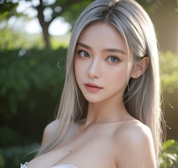 1 girl, (highest quality:1.4), (super detailed), (detailed light), (Highly detailed beautiful face), wonderful face and eyes, clear gray eyes, beautiful white hair, WHITE hair fluttering in the wind, Beautiful sheer off-shoulder lace, beautiful breasts, Highly detailed CG integrated 8k wallpaper, High resolution raw color photos, professional photos, dynamic lighting, (nipple:1.1), sunny, Ocean, Palm tree,