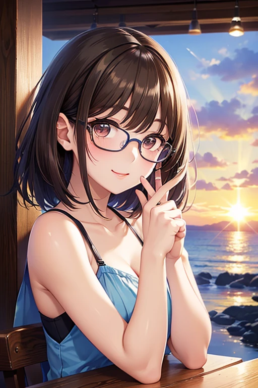 Smile、OL、2、slender、Glasses、Beauty、Bob Hair、Swimwear、draw a thin line、Small breasts、blush、Embarrassed、Cool Sexy、Nipples visible