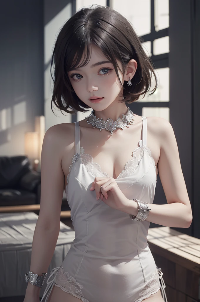 18 year old girl, naked, , small bust, looking at the viewer, with a necklace on the neck, in bed, having relationships.