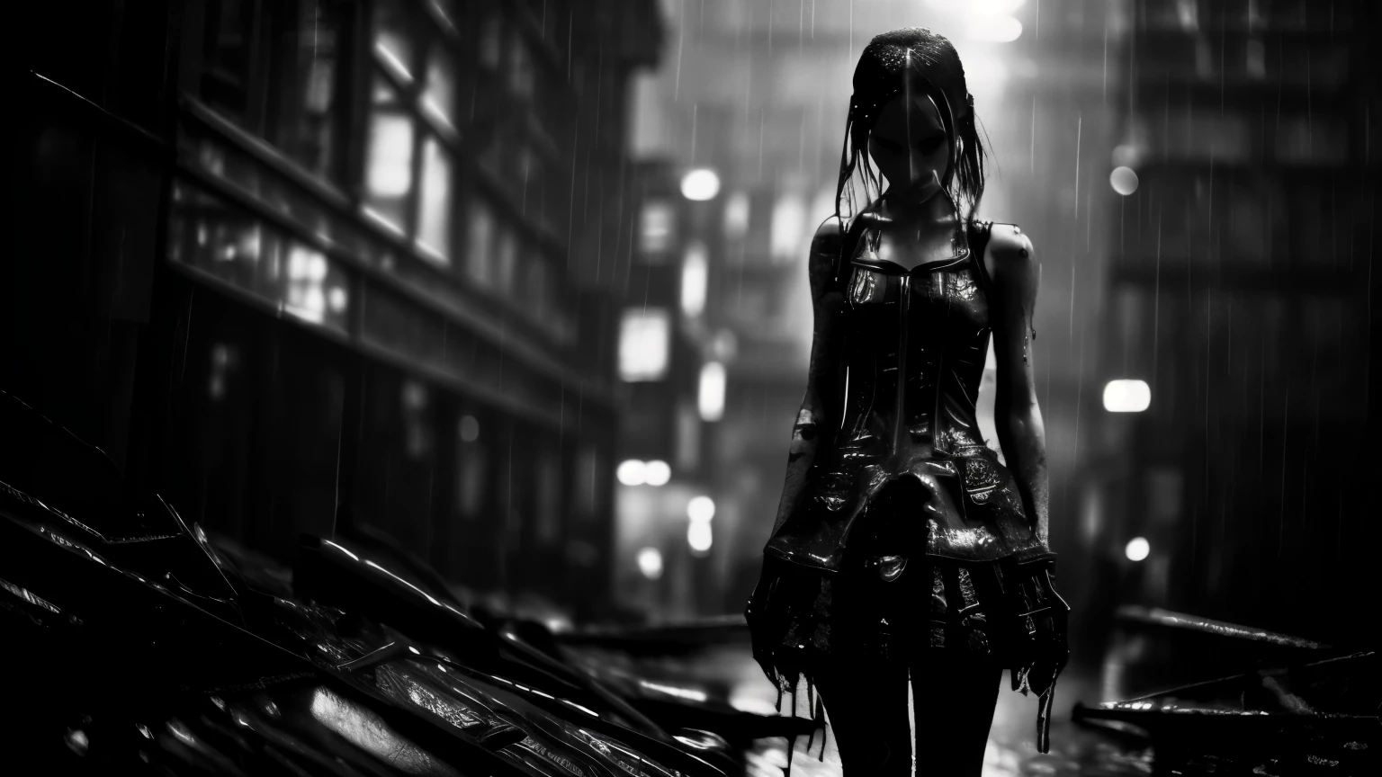 masterpiece, best quality, monochrome, 1girl, cyberpunk, blurry, rain, wet,