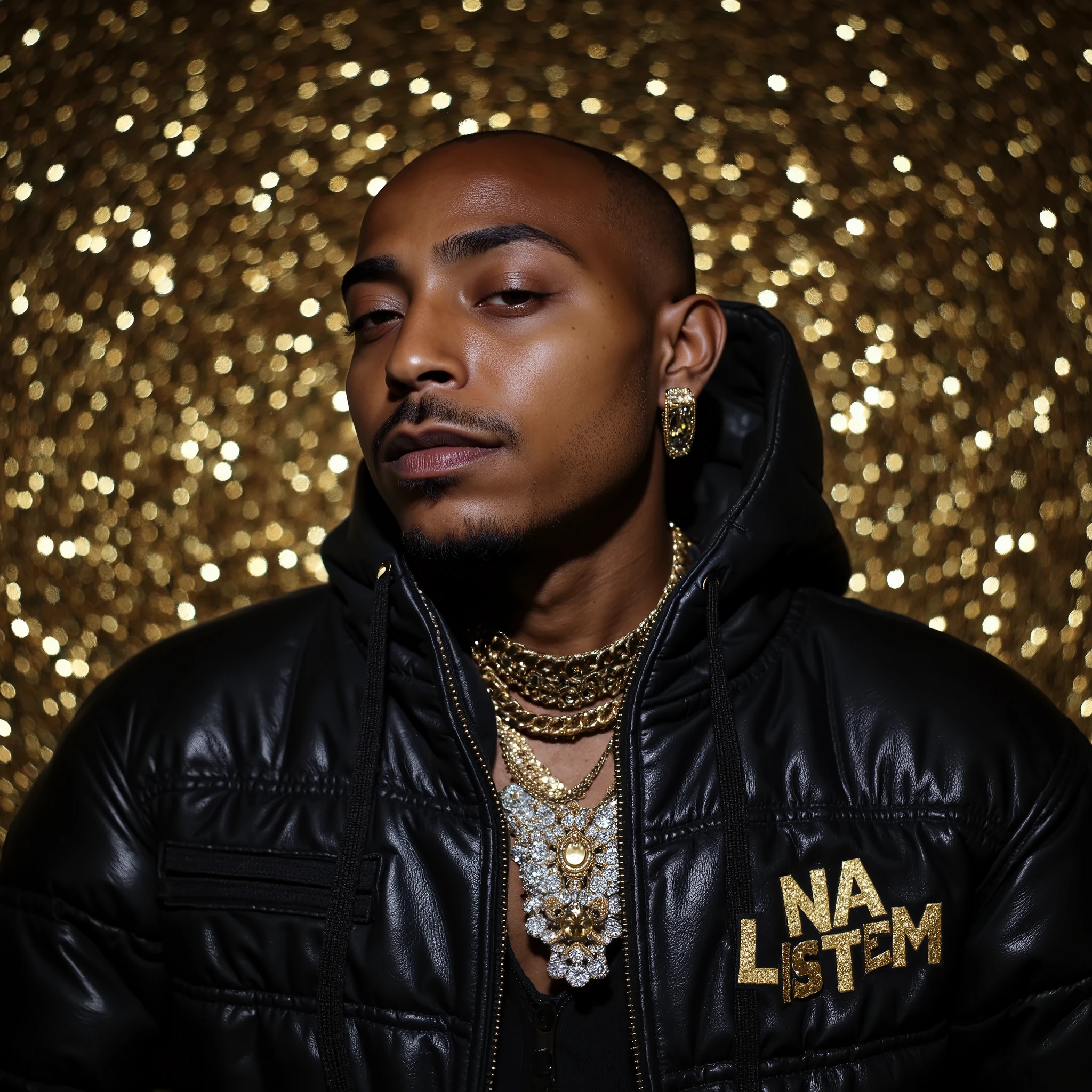 A drone shot of persin Nztykle as a Bald ebony Masculine Male Thug Hoodlem savage in screen ::1 grab footage of a video in the style of travis Scott psychadelic Thumbnail splash screen cover a Hype Williams gangster Rap music video directed by wearing a gucci winter vest Dressed in Streetwear a bulletproof vest with BOLD embroidered text that says ("NA LISTEN") LARGE on the chest of the vest, lots of diamond jewelry, ::1, ultra-high-definition 8K wide-angle cinematic photo shot capturing ah hightly detailedCinematic photography, captured with a Canon EOS C30. year,