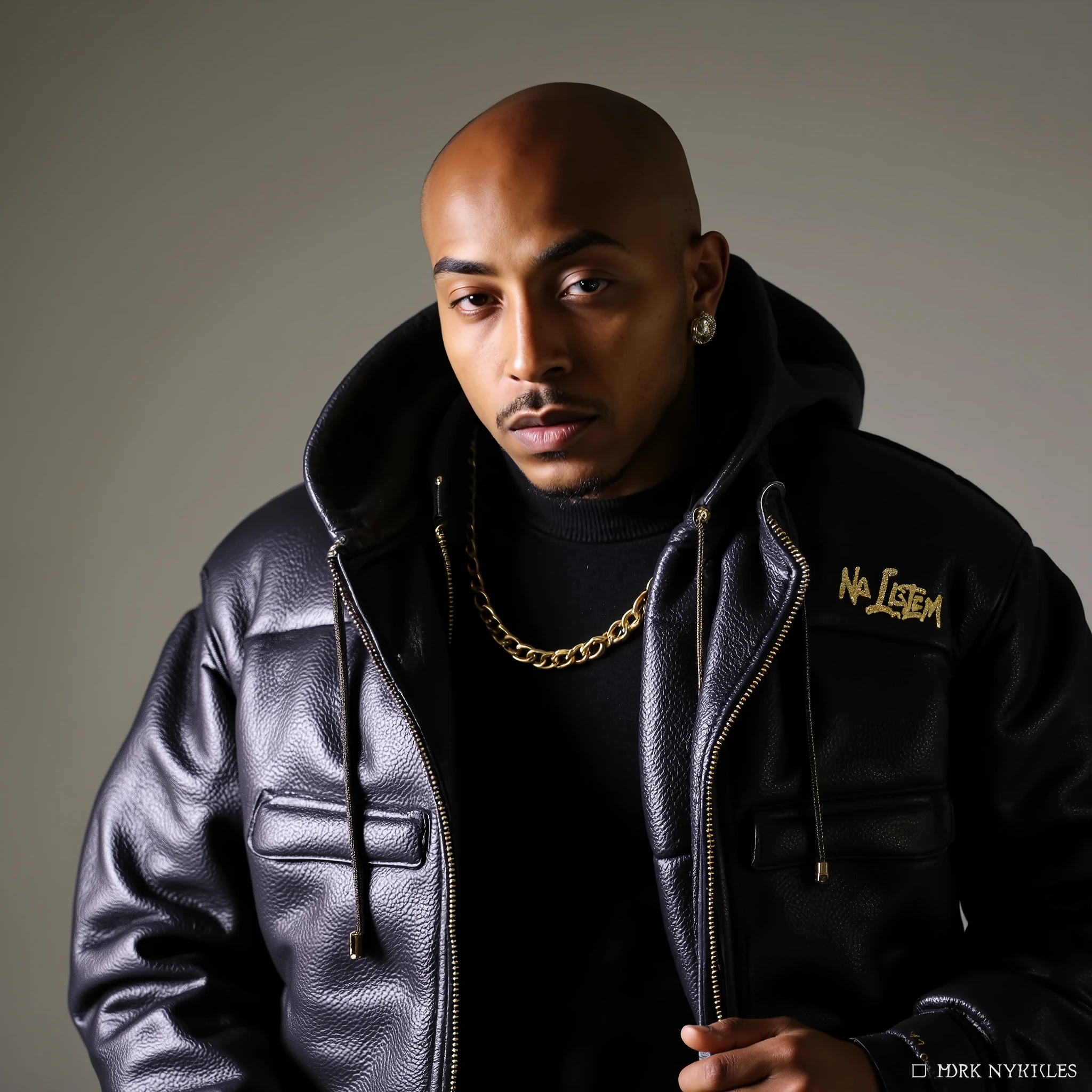 A drone shot of persin Nztykle as a Bald ebony Masculine Male Thug Hoodlem savage in screen ::1 grab footage of a video in the style of travis Scott psychadelic Thumbnail splash screen cover a Hype Williams gangster Rap music video directed by wearing a gucci winter vest Dressed in Streetwear a bulletproof vest with BOLD embroidered text that says ("NA LISTEN") LARGE on the chest of the vest, lots of diamond jewelry, ::1, ultra-high-definition 8K wide-angle cinematic photo shot capturing ah hightly detailedCinematic photography, captured with a Canon EOS C30. year,