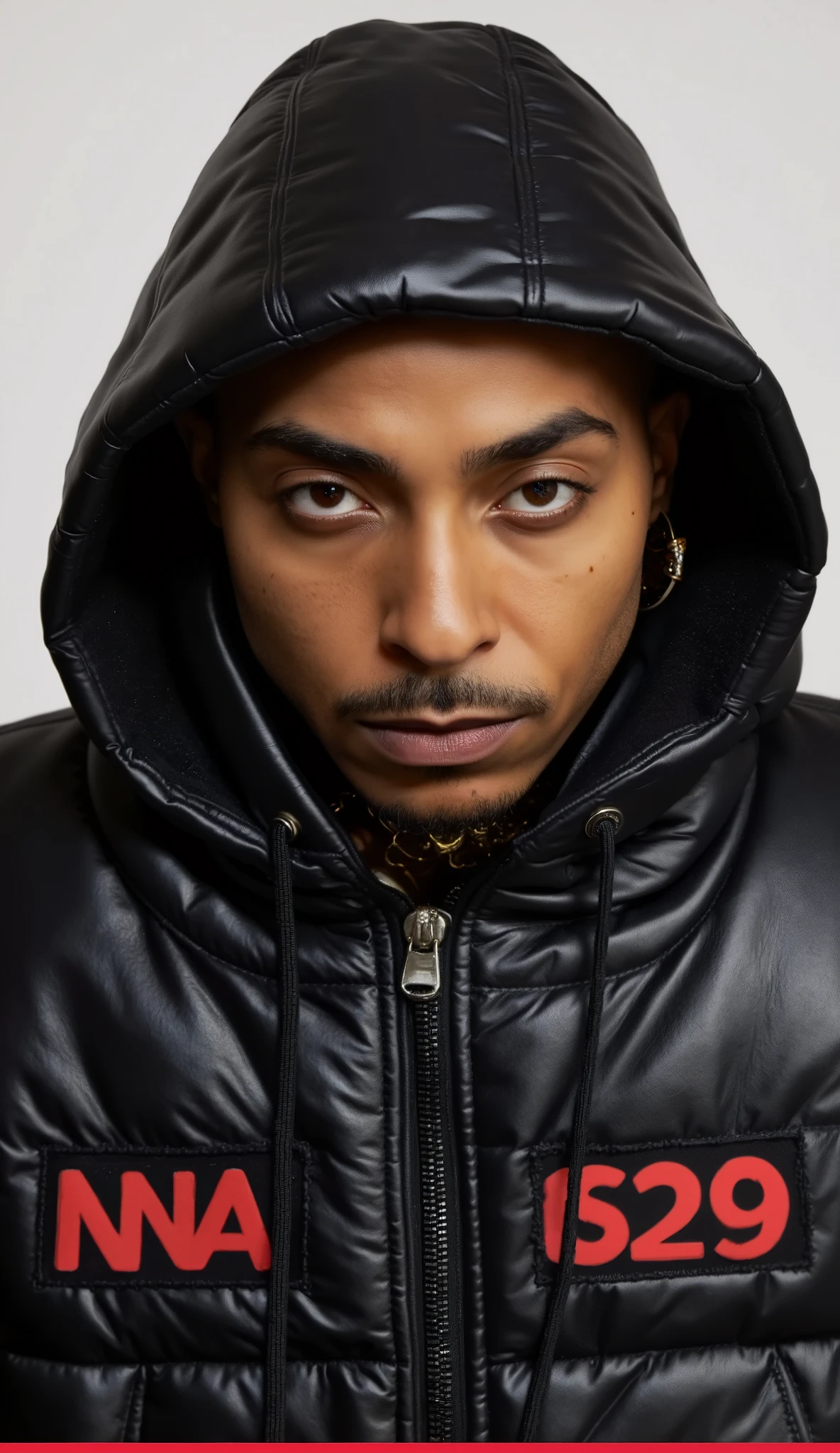A drone shot of persin Nztykle as a Bald ebony Masculine Male Thug Hoodlem savage in screen ::1 grab footage of a video in the style of travis Scott psychadelic Thumbnail splash screen cover a Hype Williams gangster Rap music video directed by wearing a gucci winter vest Dressed in Streetwear a bulletproof vest with BOLD embroidered text that says ("NA LISTEN") LARGE on the chest of the vest, lots of diamond jewelry, ::1, ultra-high-definition 8K wide-angle cinematic photo shot capturing ah hightly detailedCinematic photography, captured with a Canon EOS C30. year,